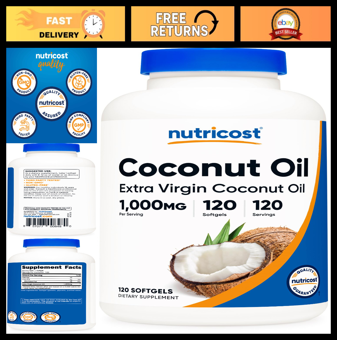 Coconut Oil Softgels 1000mg – Extra Virgin, Gluten-Free, Non-GMO, 120 Count