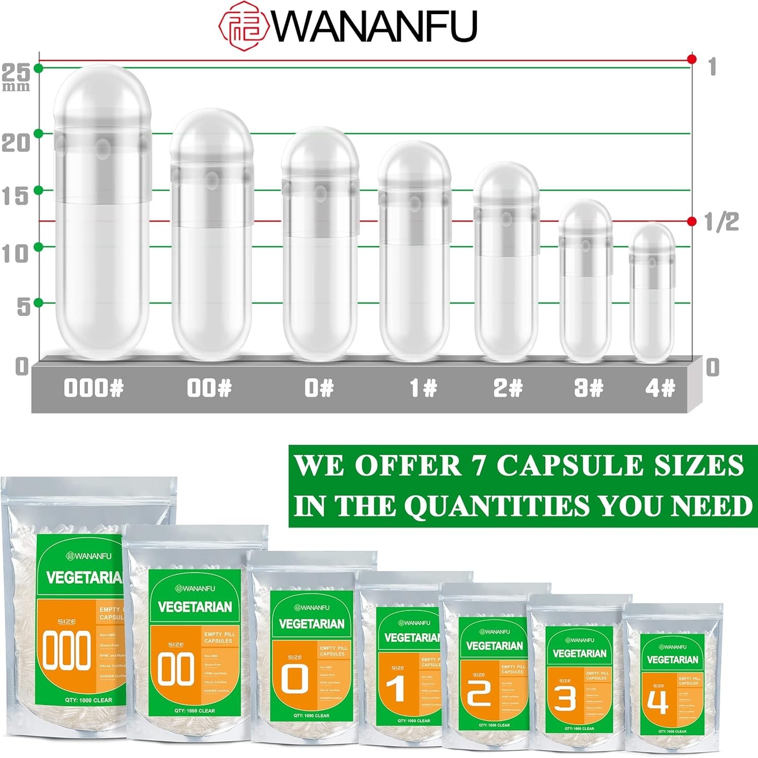 WANANFU Size 000 Empty Capsules Vegetarian 100 Count (Pack of 1), Clear