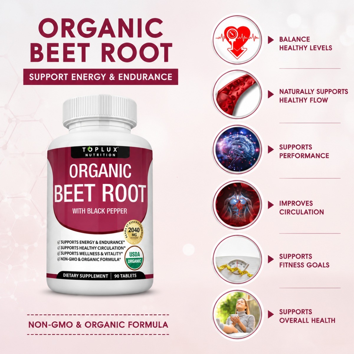 Toplux Organic Beet Root 2040mg Tablets, Nitric Oxide & Circulation Support