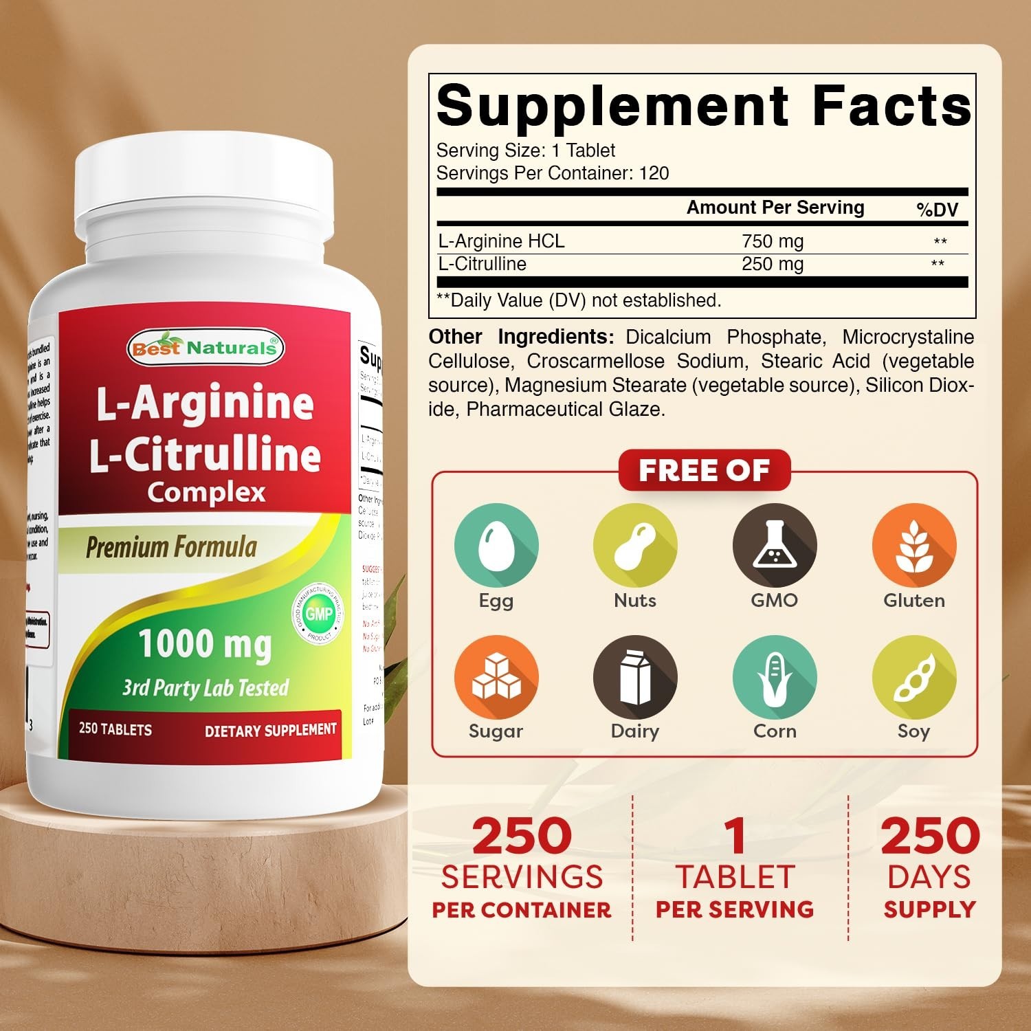 L-Arginine L-Citrulline Complex Tablets – 250 Count for Energy & Performance