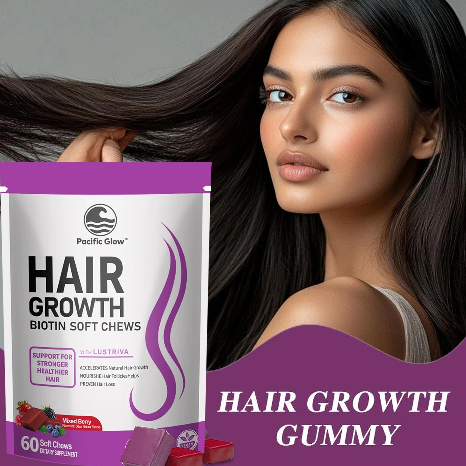 PACIFIC GLOW Hair Growth Biotin Mixed Berry Soft Chews Vitamins Women w Lustriva
