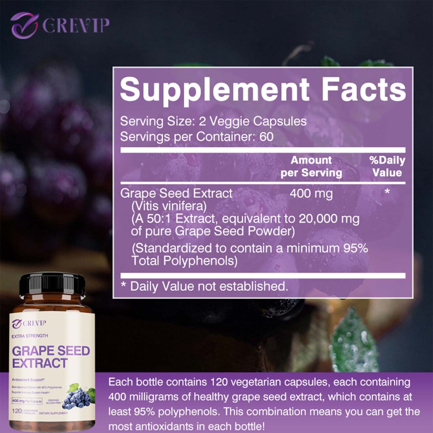 120pcs Grape Seed Extract 400mg-95%Polyphenols Antioxidant,Cardiovascular Health