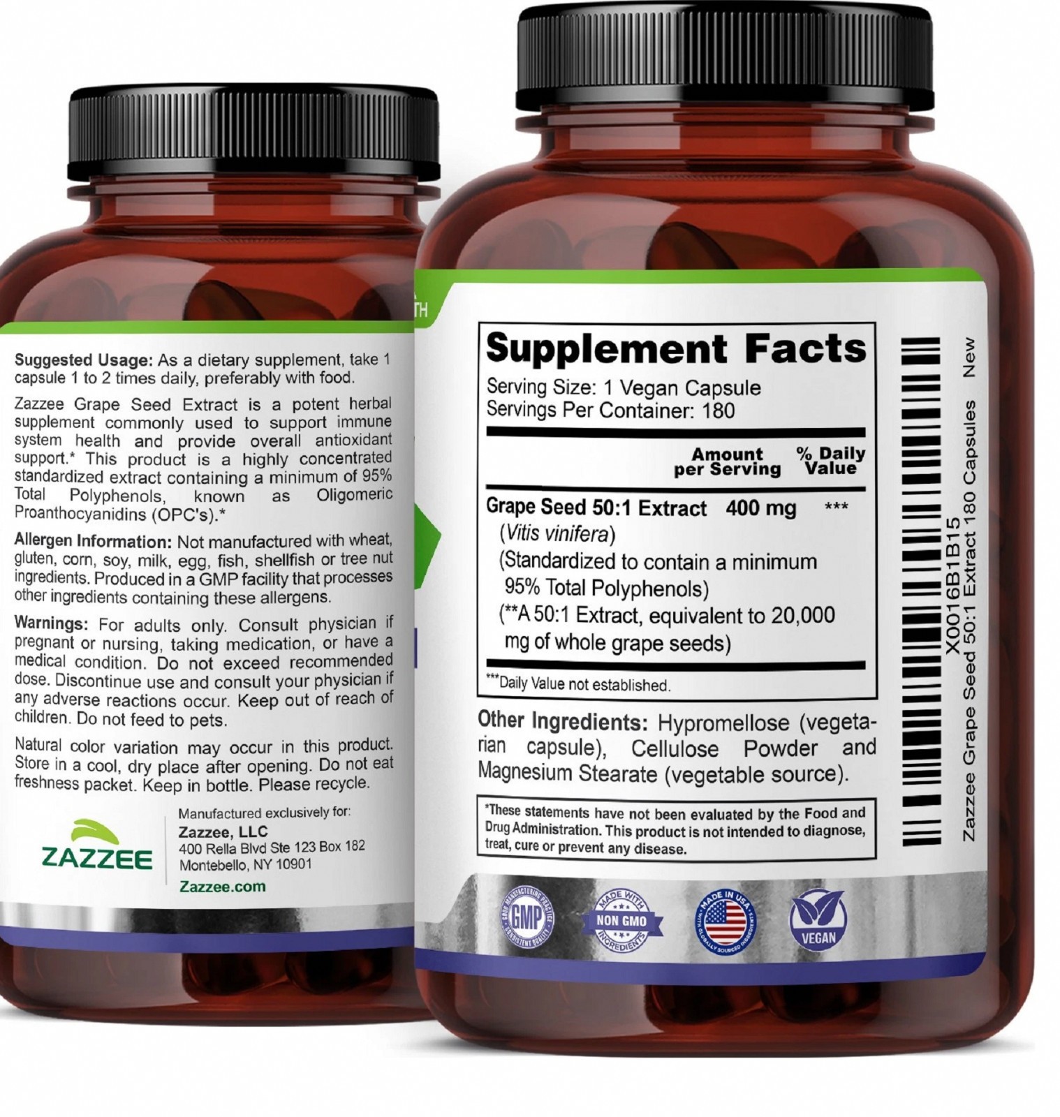 Zazzee Grape Seed Extract 180 Veggie Capsules 400 mg 95% Polyphenols Antioxidant