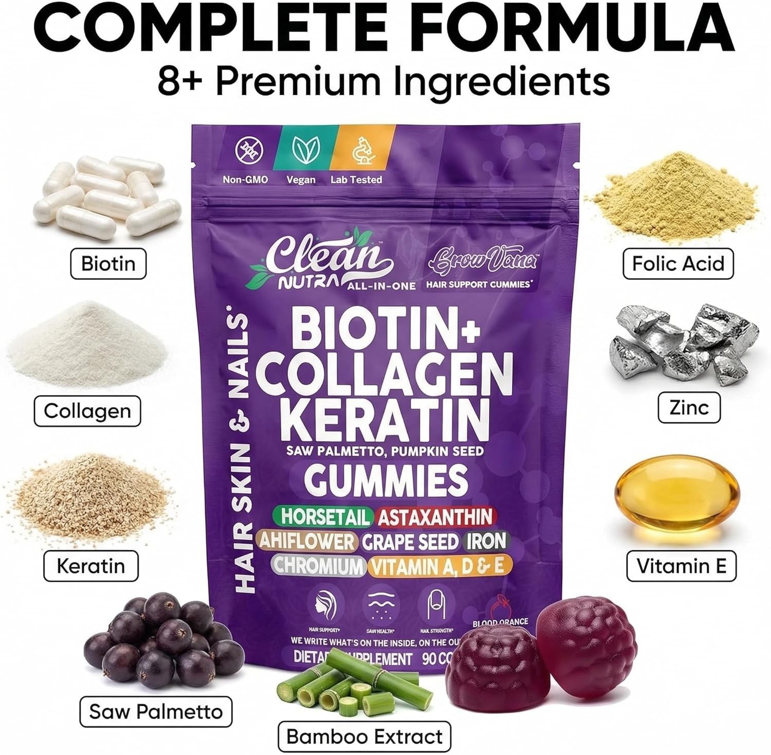GrowVana Hair Growth Gummies Women Biotin Collagen Keratin Saw Palmetto 90ct
