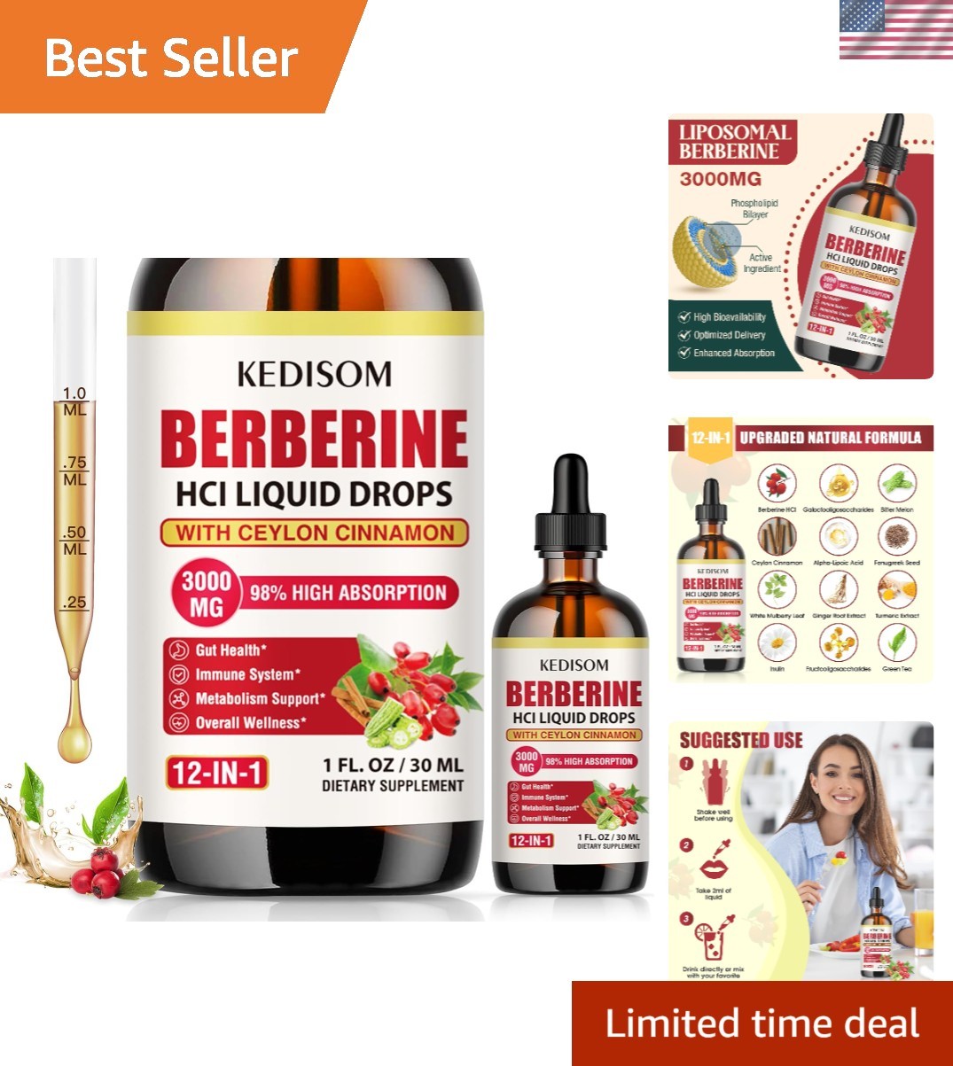 Natural Berberine Drops – 12-in-1 Wellness Support, Convenient 1 Fl Oz Bottle