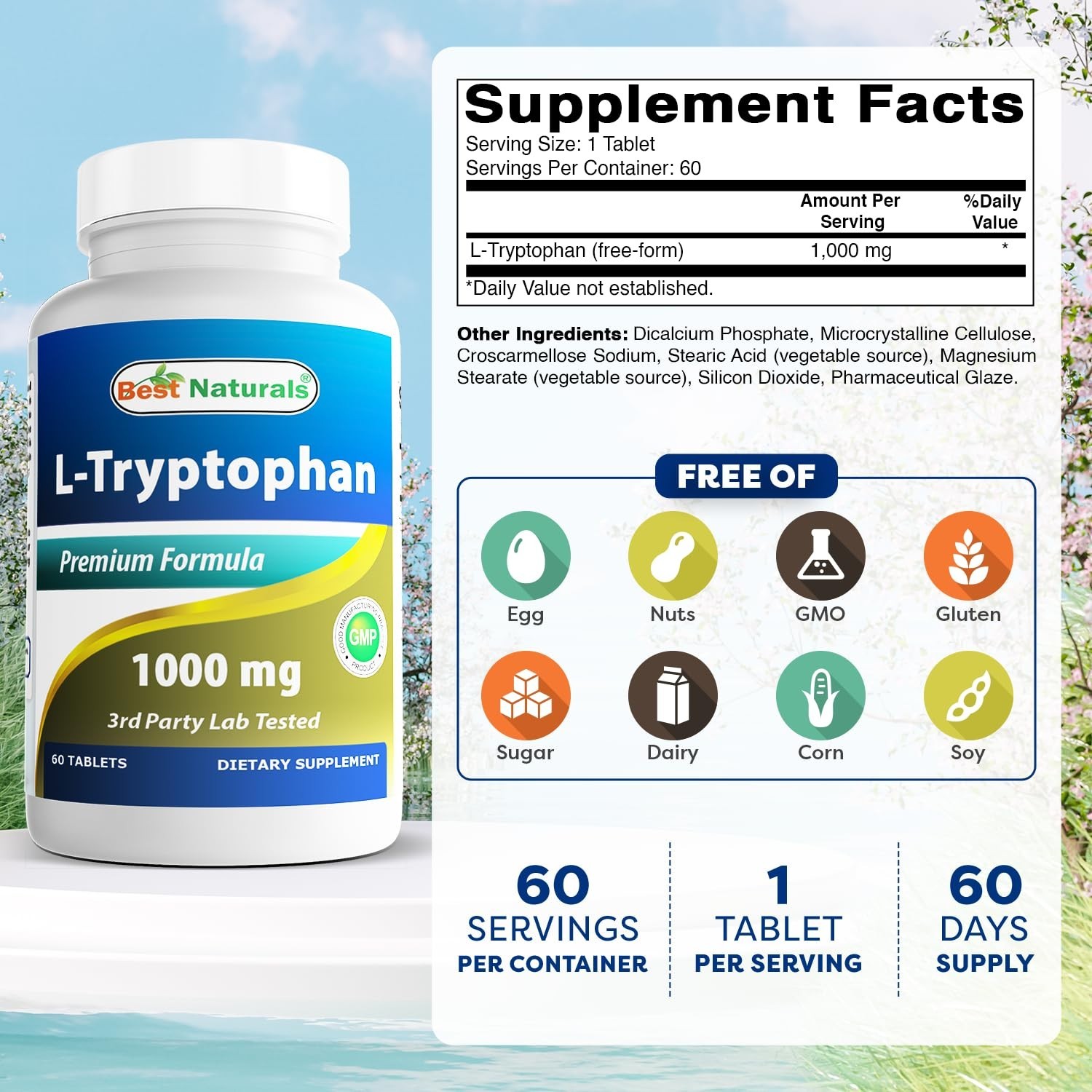L-Tryptophan 1000mg – 60 Tablets, Mood Support & Sleep Aid, Pack of 3