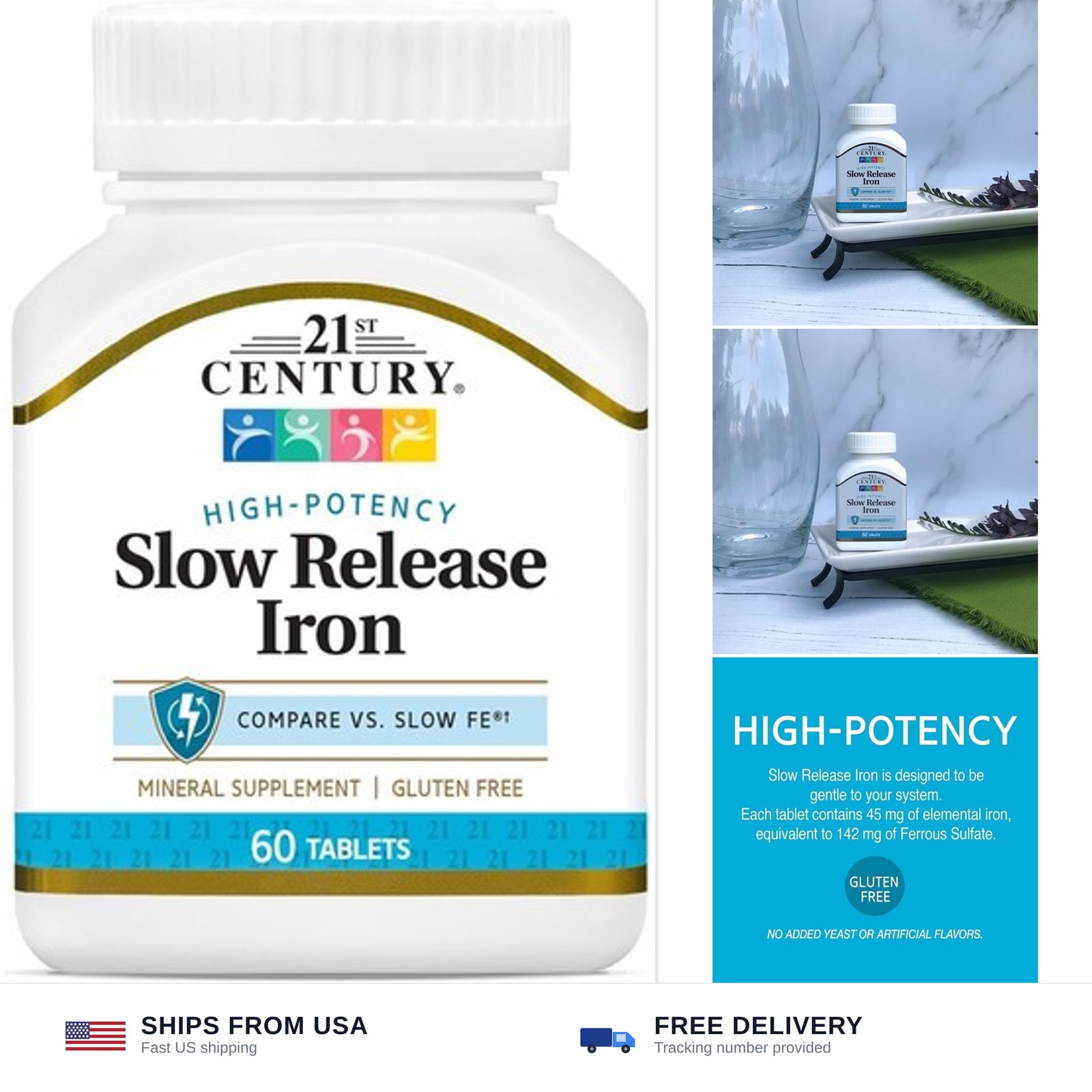 21st Century Slow Release Iron Tablets, 60 Count (Pack of 3)