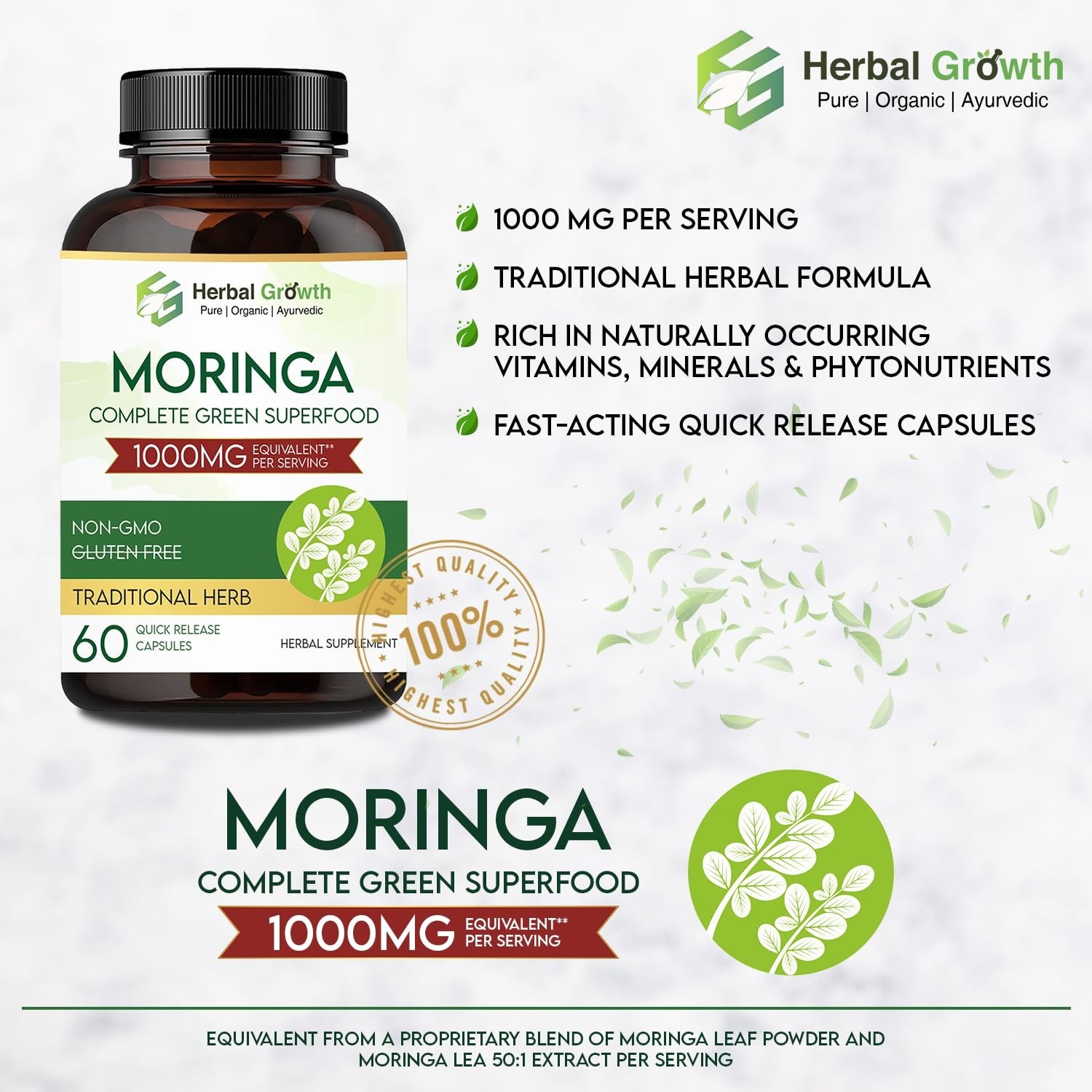 HERBAL.GROWTH Moringa 1000mg Capsules 60 Count Pack of 3