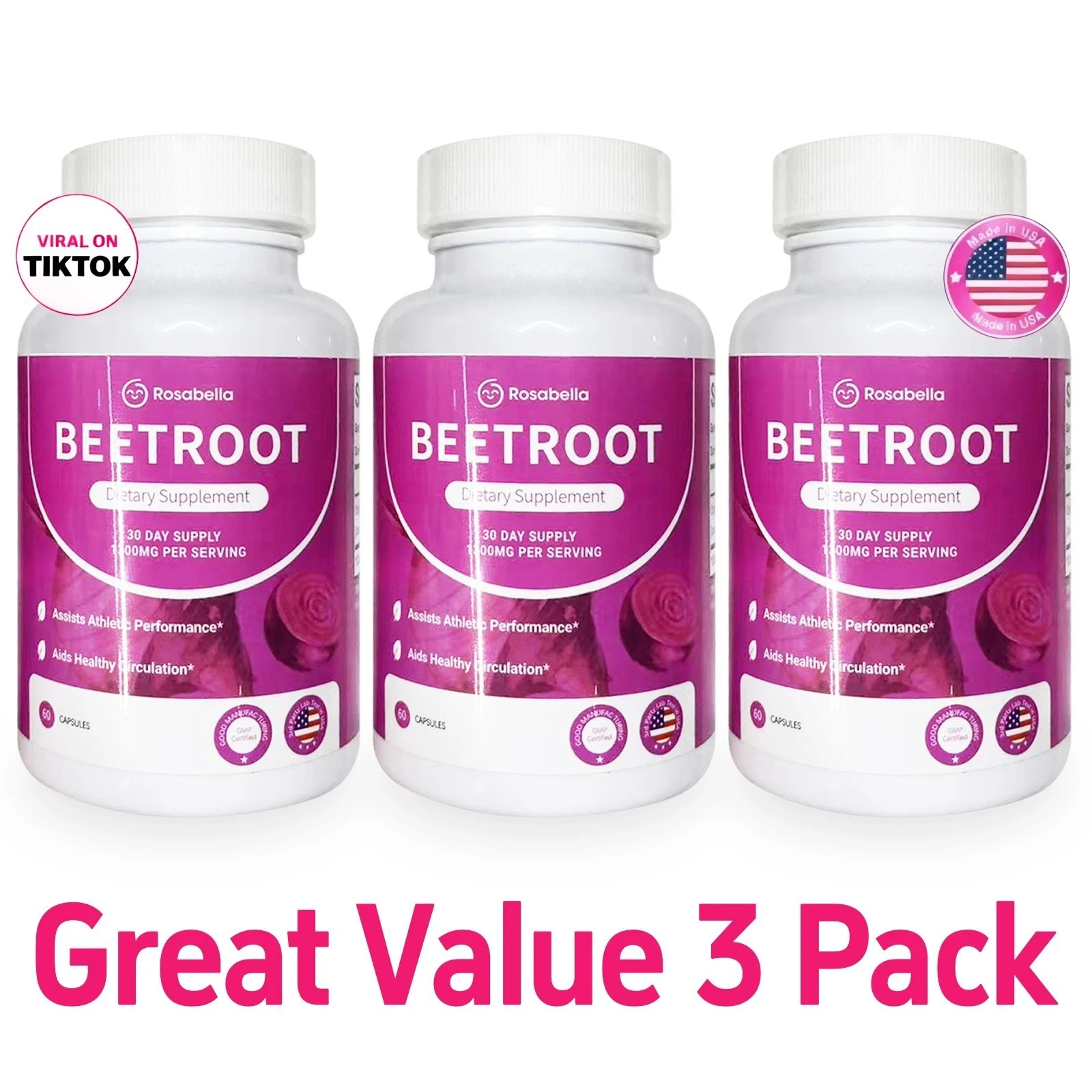 3PCS Rosabella Organic Beet Root 60 Capsules NaturalEnergy Boost Blood Pressure-