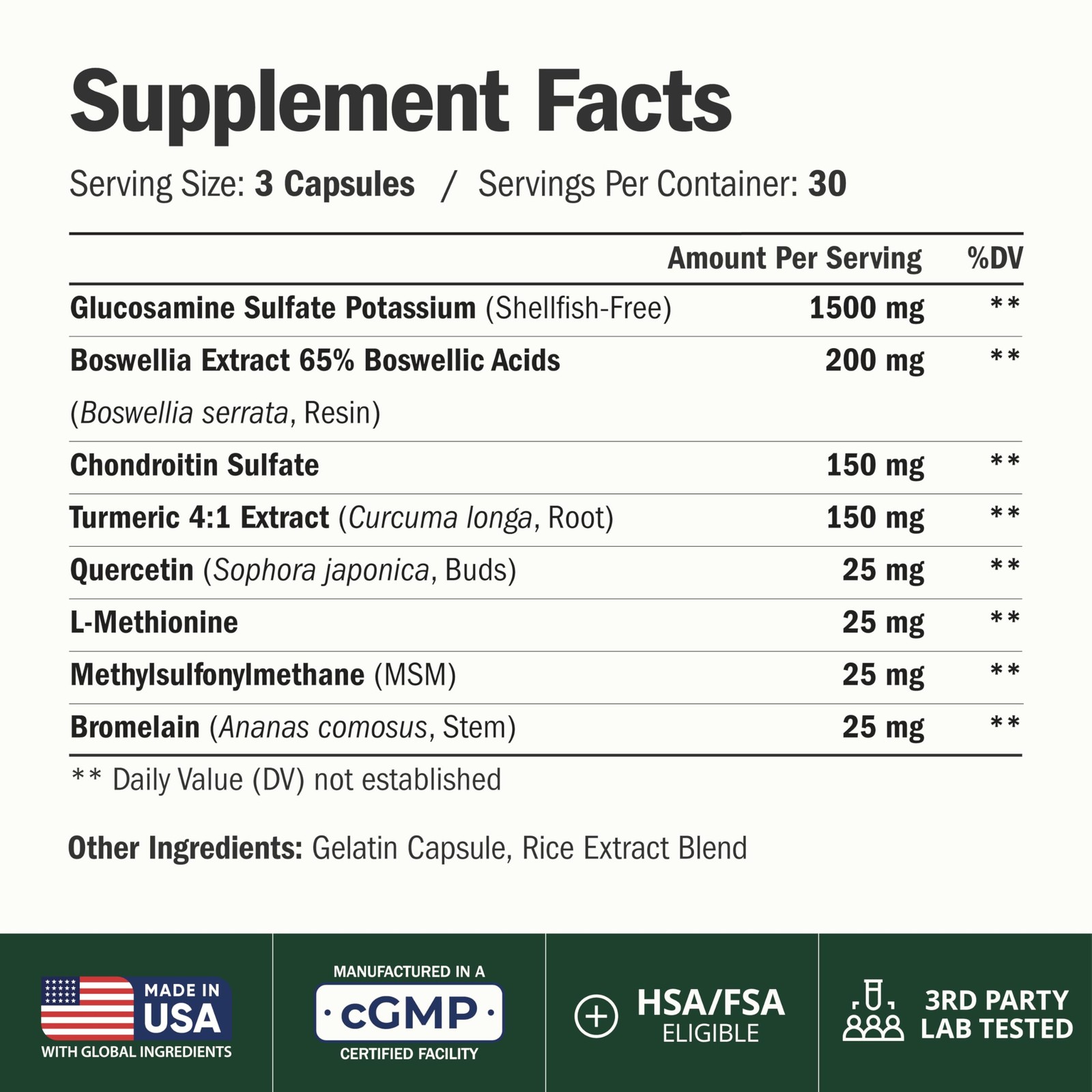 Glucosamine Chondroitin MSM Joint Support Supplement for Women and Men 90 capsul