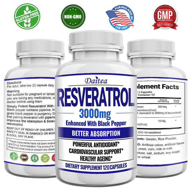 Resveratrol Capsules 3000mg Anti-Aging Antioxidants, Radiant Skin 30/60/120 Caps