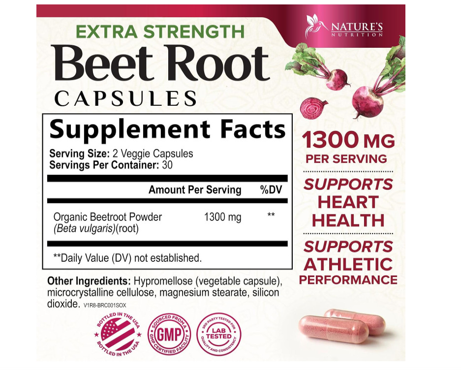 Extra Strength Organic Beet Root 1300mg Nitric Oxide Heart Energy 60 Veg Capsule