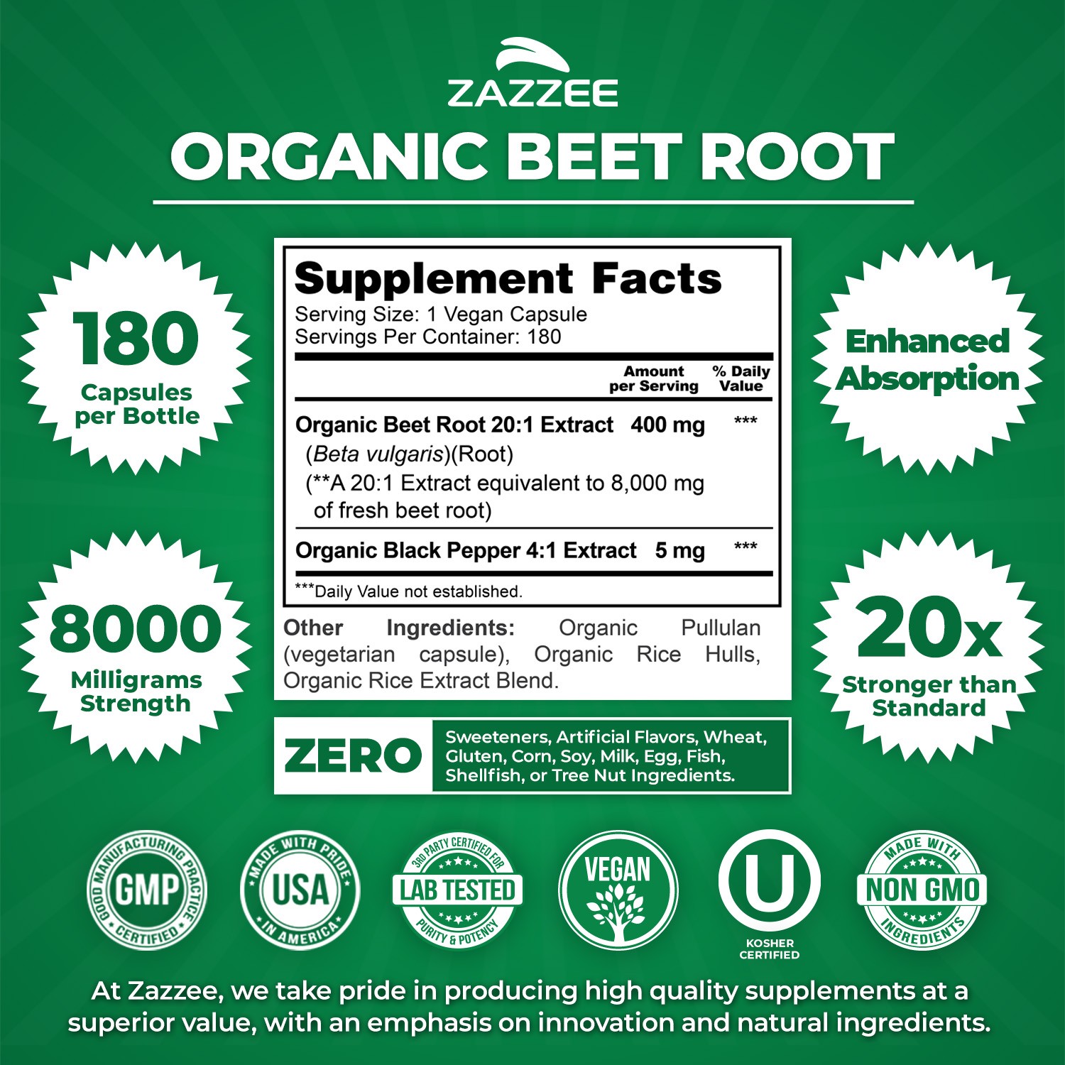 USDA Organic Beet Root 8000 mg Strength 20:1 Extract, 180 Vegan Capsules, Kosher