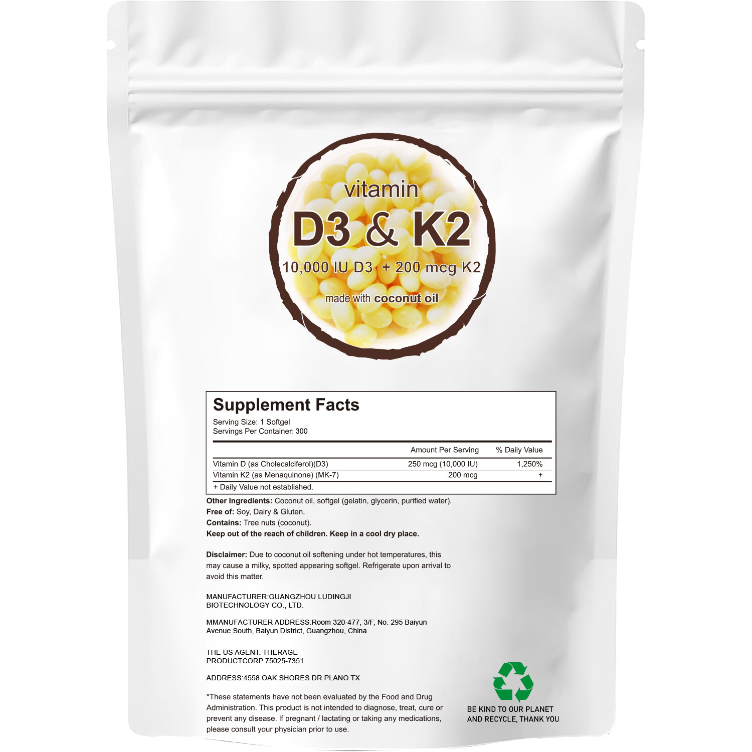 Vitamin D3 10000 iu Plus K2 (MK-7) 200 mcg coconut oil soft 180/300 capsules US