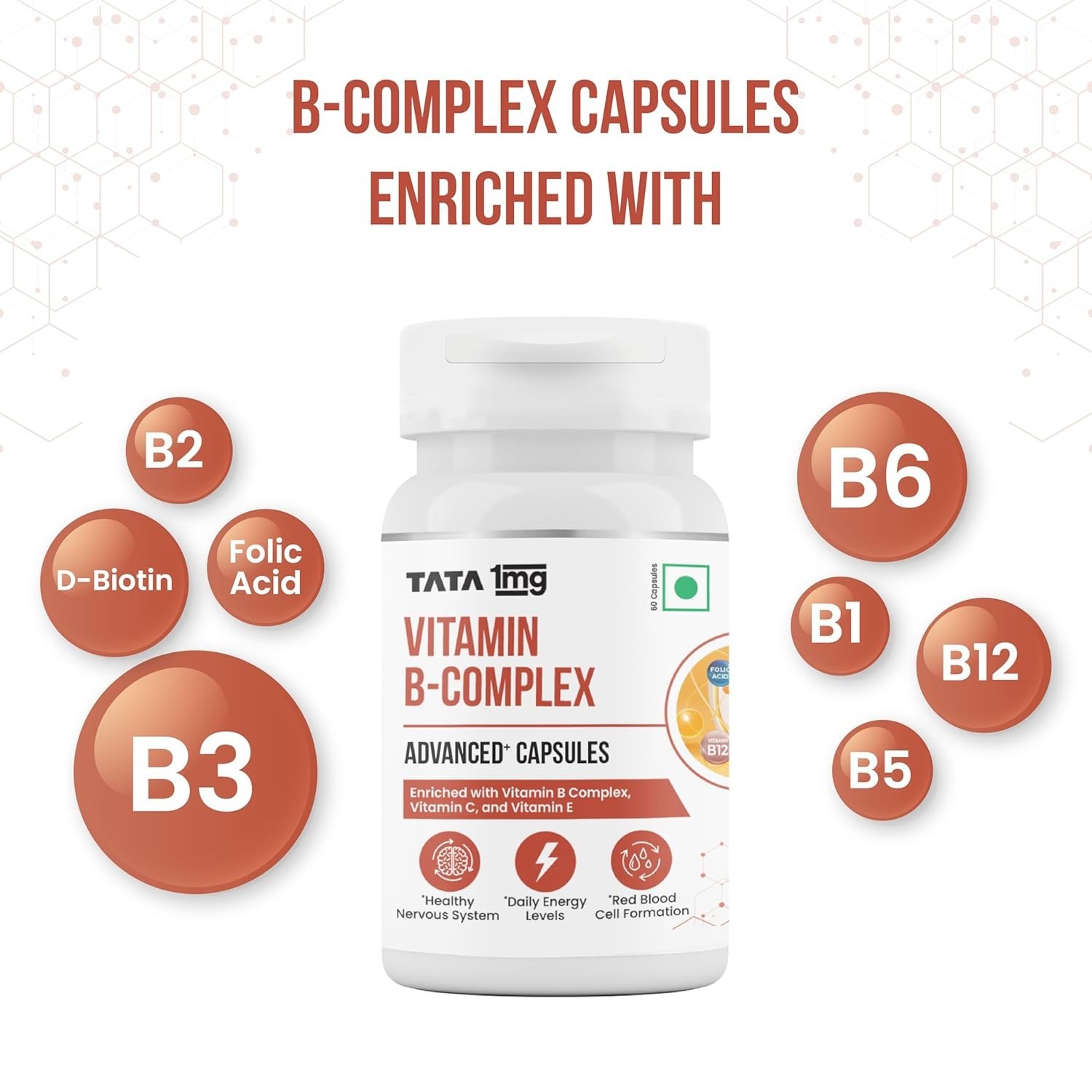 TATA 1mg Vitamin B Complex Capsules 100% RDA for B1,B2,B3,B5,B6,Biotin 60caps