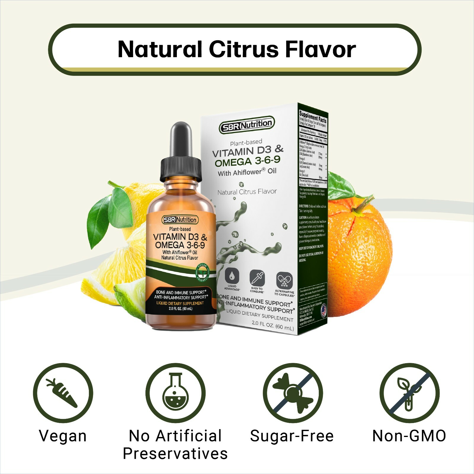 Vegan Vitamin D3 & Omega 3-6-9 Liquid Drops with Ahiflower Oil, Citrus, 2 fl oz