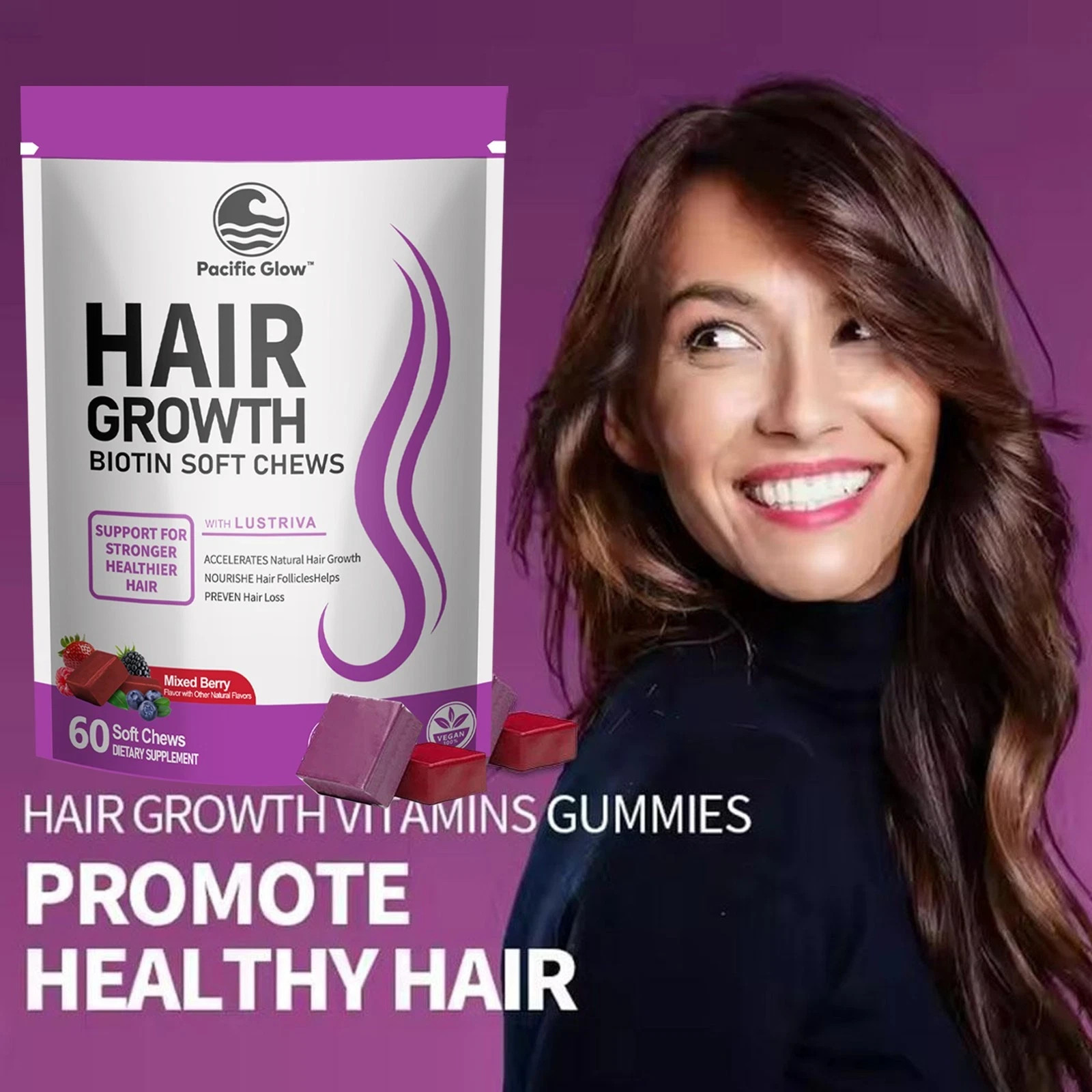 PACIFIC GLOW Hair Growth Biotin Mixed Berry Soft Chews Vitamins Women w Lustriva