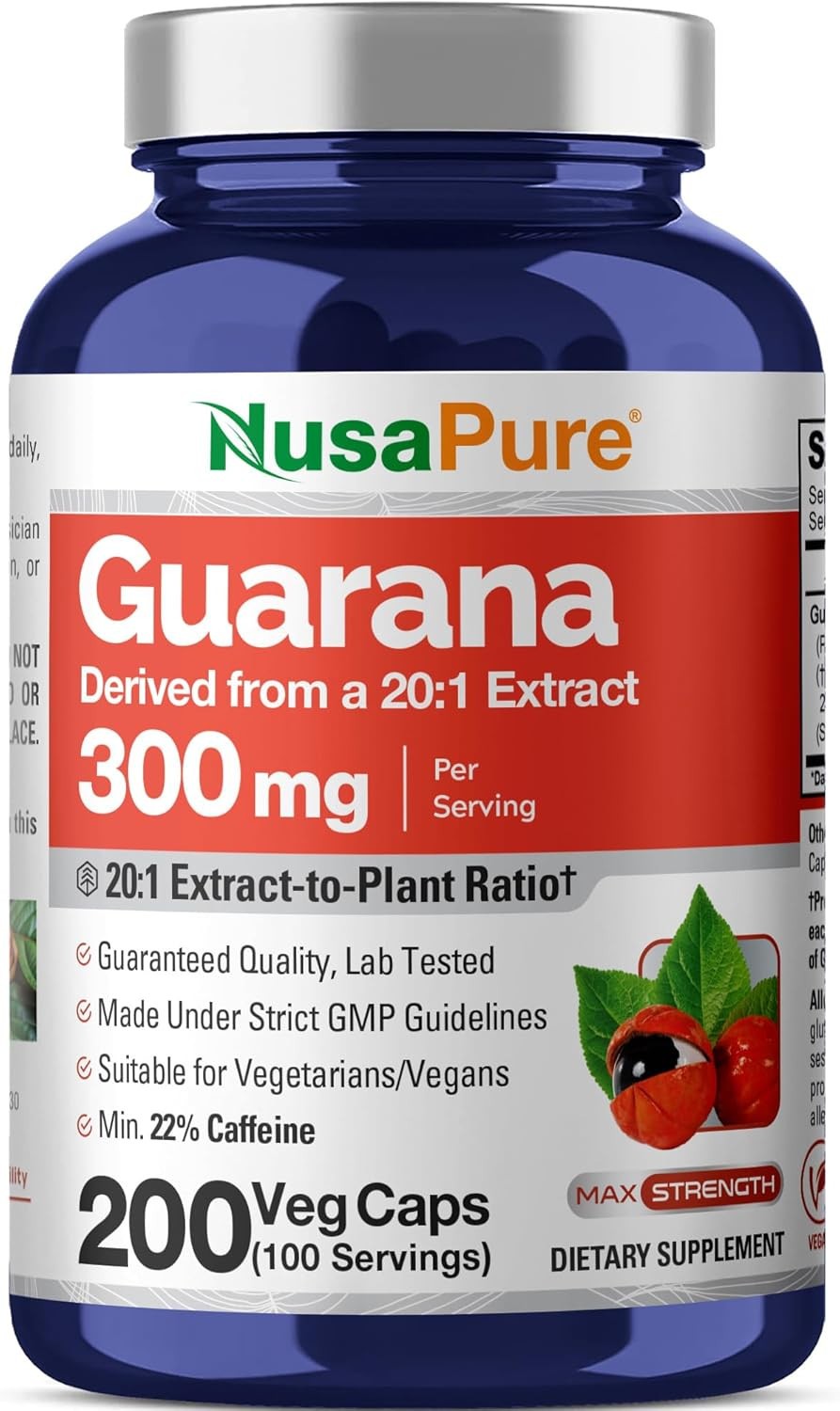 NusaPure Guarana Capsules 300mg 200 Veg Capsules Non-GMO Vegan
