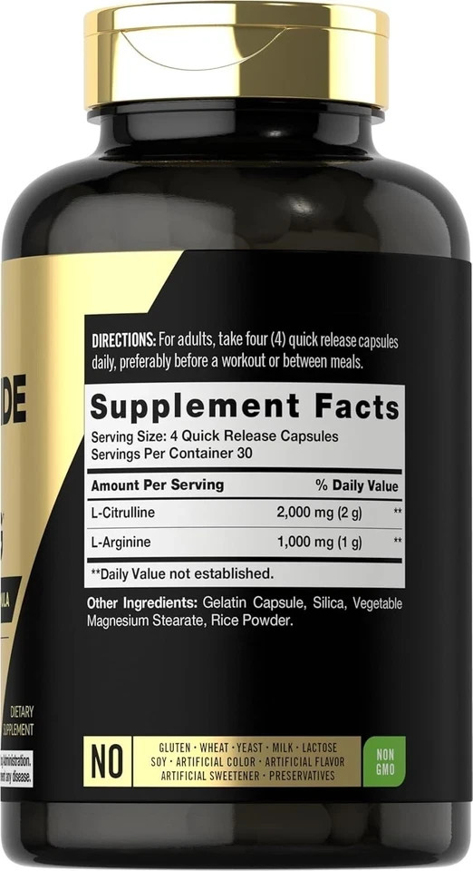 Nitric Oxide Booster L-Arginine, L-Citrulline 3000mg 120 Caps HIGHEST POTENCY
