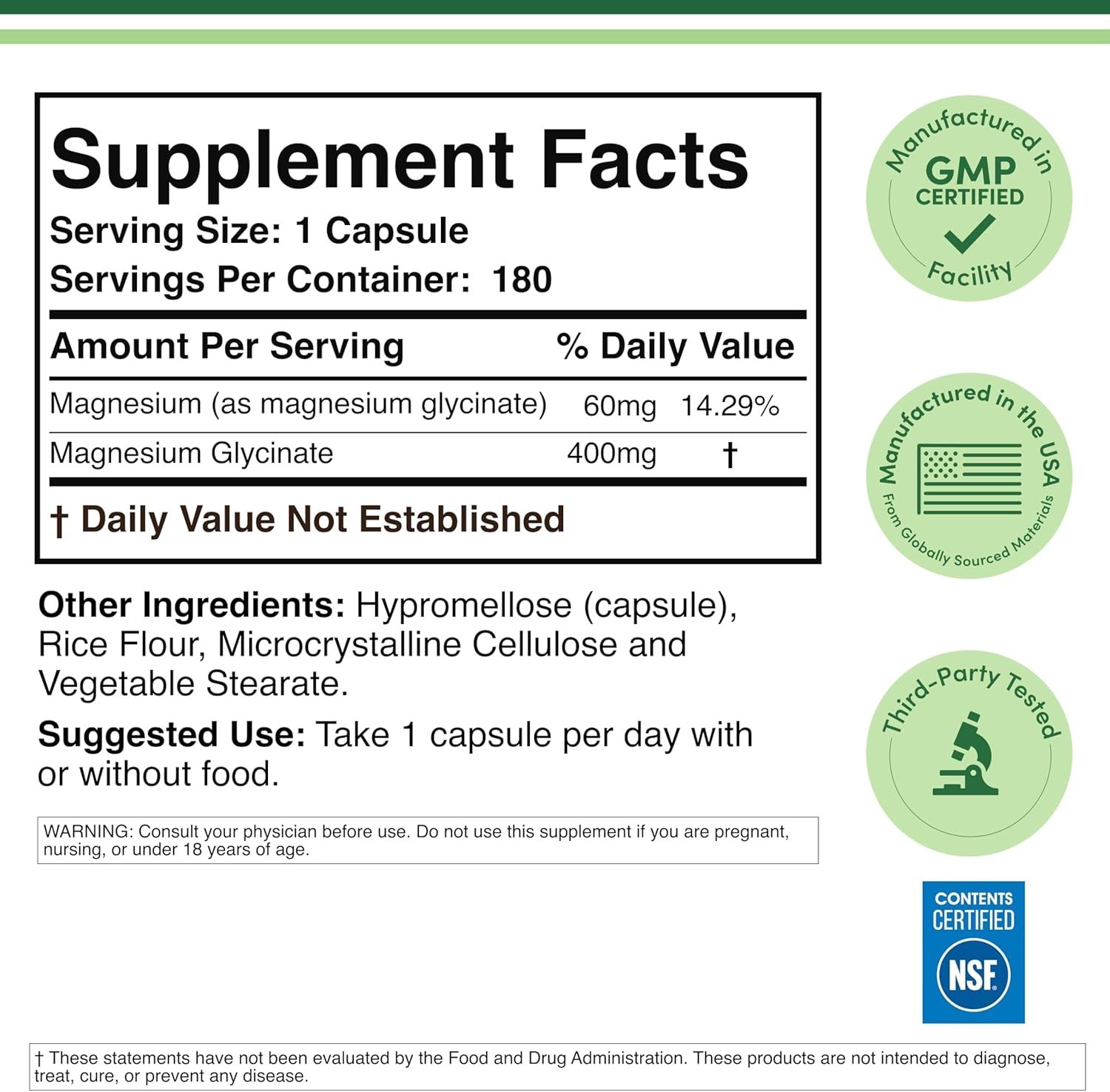 Double Wood Supplements Magnesium Glycinate 400Mg | 180 Capsules | Sleep, Muscle