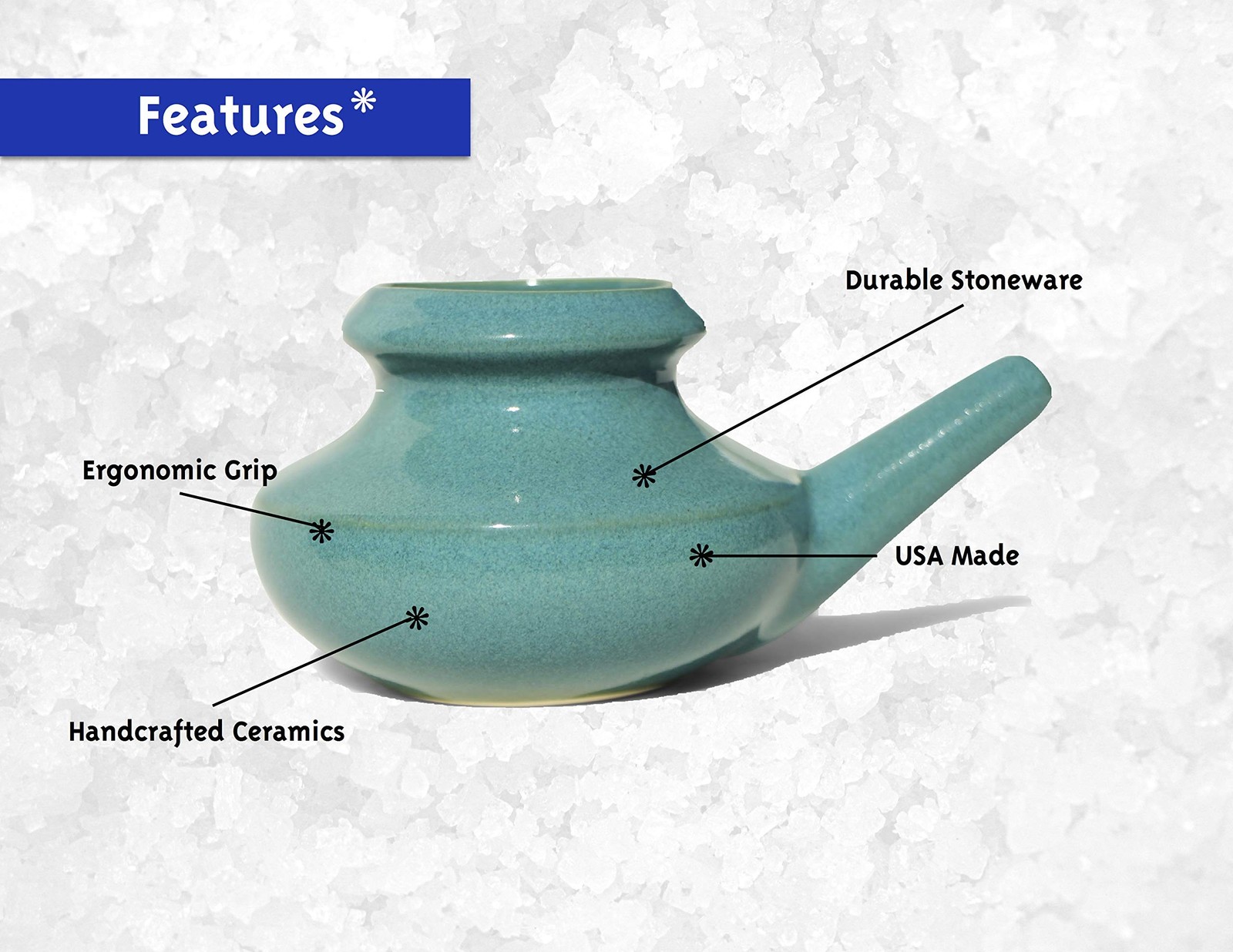 Baraka USA Ceramic Neti Pot w/ 2oz Mineral Sea Salt – Saline Nasal Rinse f
