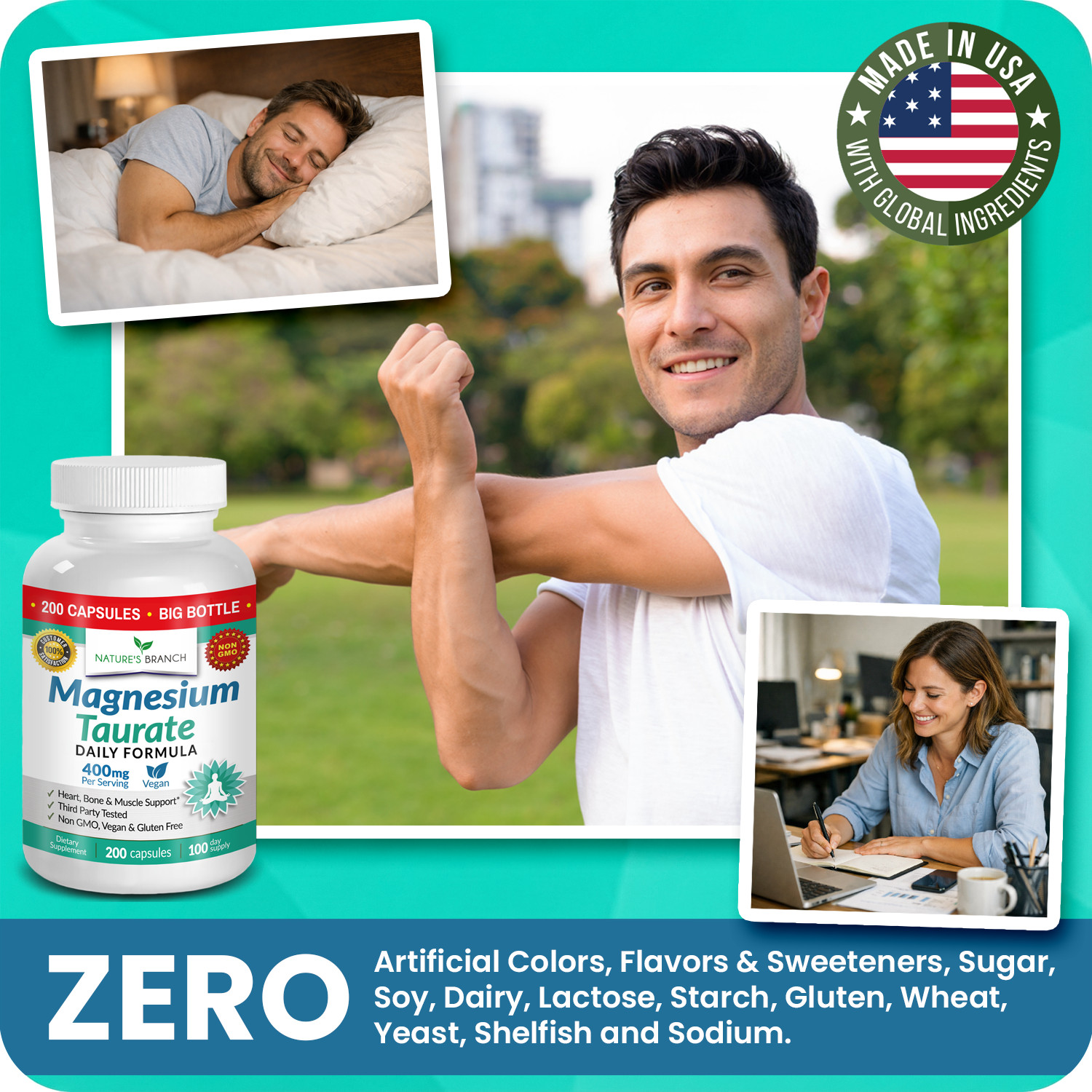 MAGNESIUM TAURATE 400 MG – 200 Casules – High Absorption | Non-GMO | Made in USA