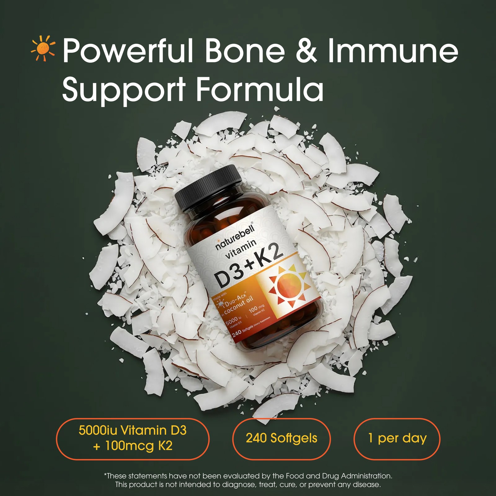 NatureBell Vitamin D3 K2 5000 IU 240 Softgels MK-7 Coconut Oil – 240 Servings