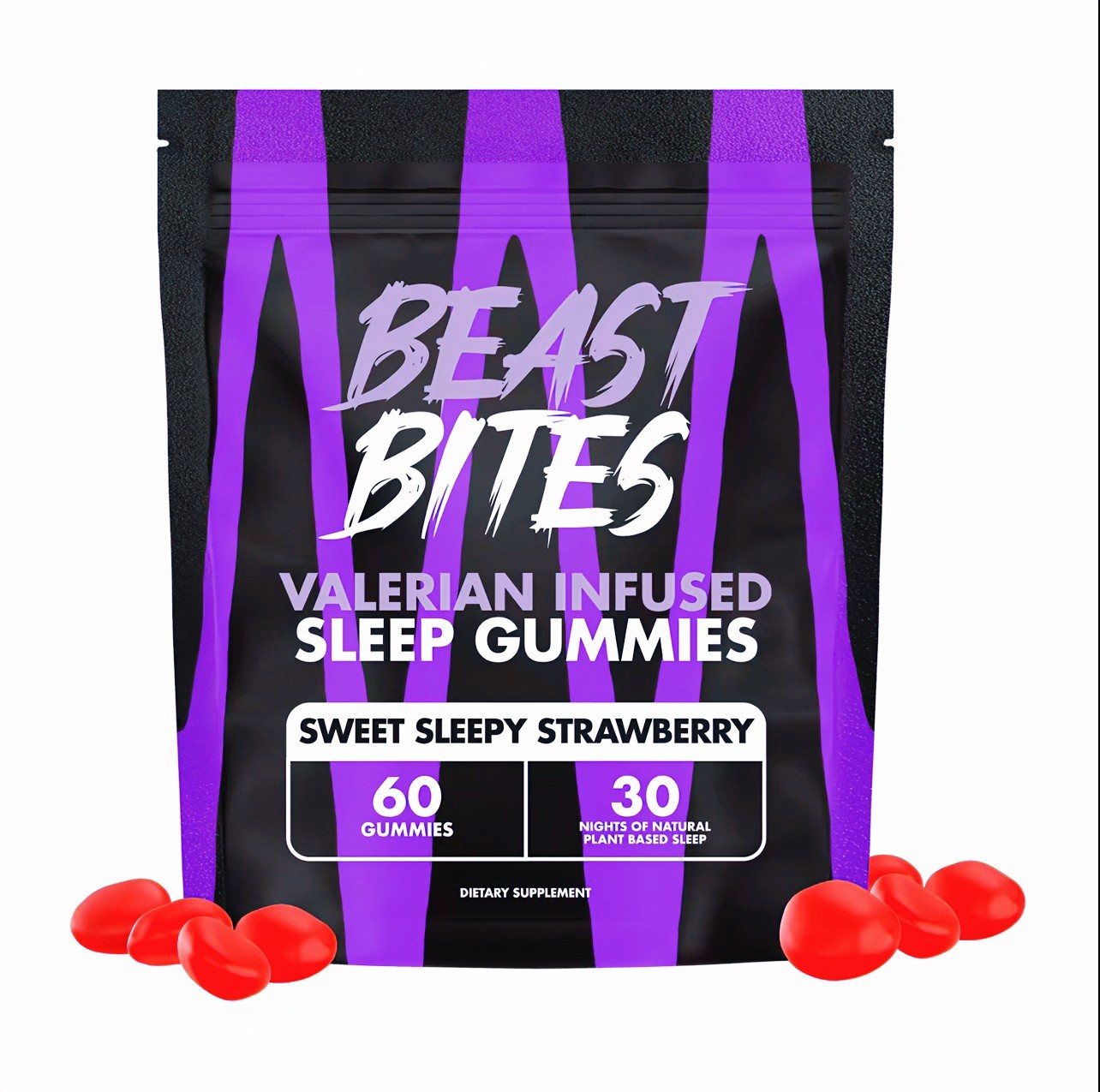 Beast Bites Sleep Gummies Valerian Infused Strawberry Natural Sleep Aid 60 Count