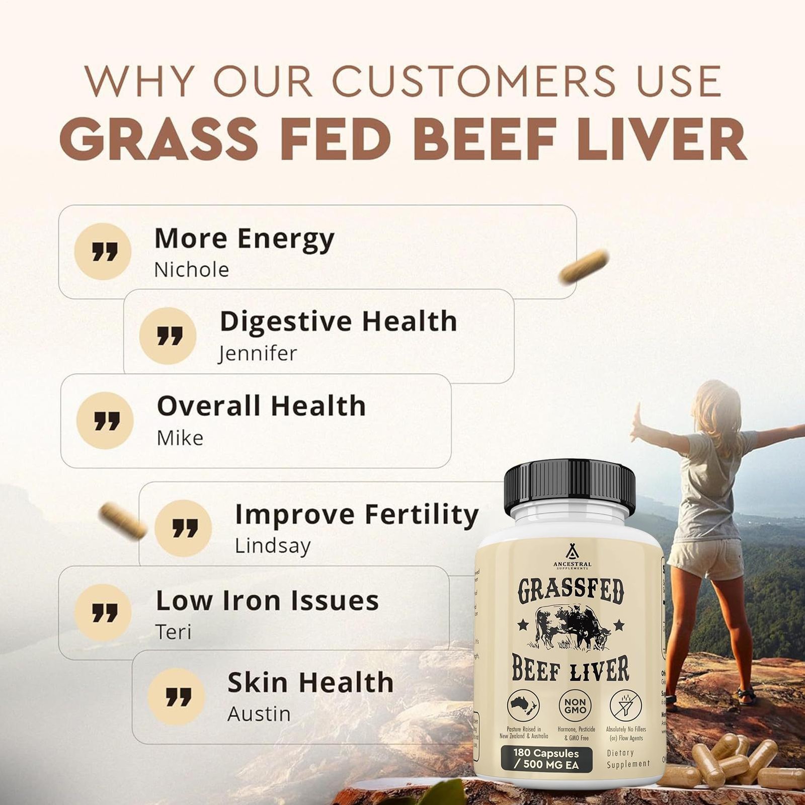 Ancestral Supplements Grass Fed Beef Liver 3000mg 180Caps New Zeland NonGMO