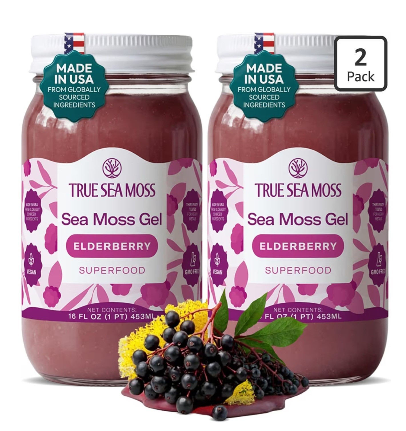2 Jars True Sea Moss Gel Superfood Elderberry – 16 fl oz. BB: 10/26