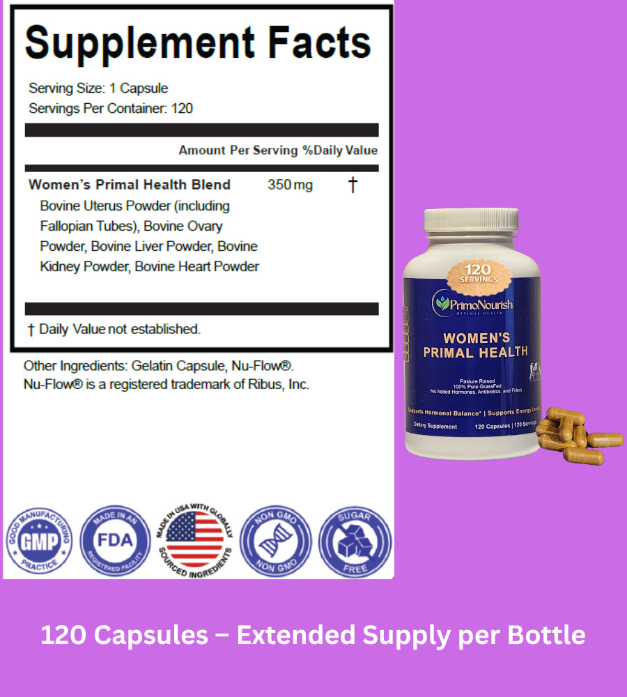 PrimoNourish Grass-Fed Beef Organ Supplement for Women, 120 Capsules