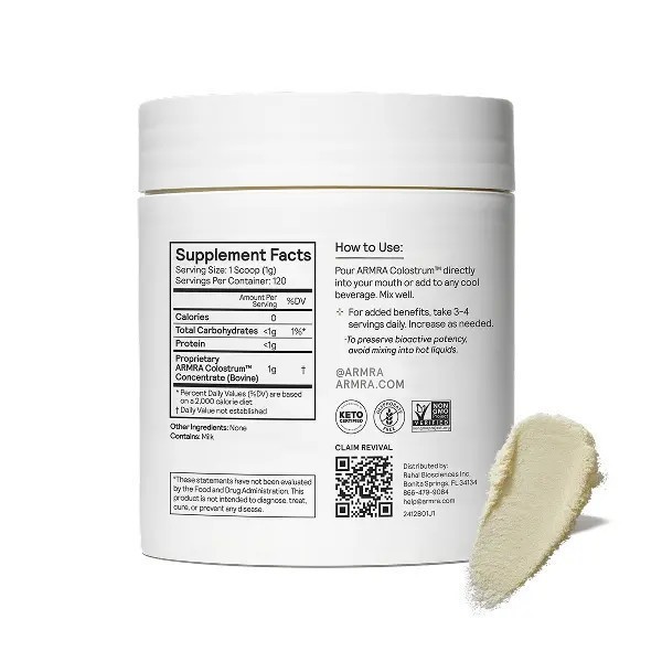 3-pieces ARMRA Colostrum Unflavored Jar Grass-Fed Immune Fitness Brain Benefits