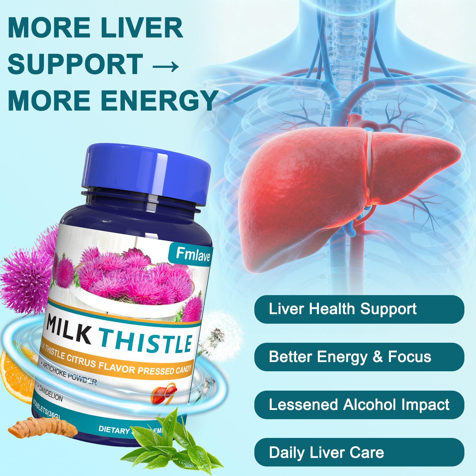 Liver Cleanse Detox Milk Thistle Extracts Silymarin, Artichoke, Dandelion 2 pack
