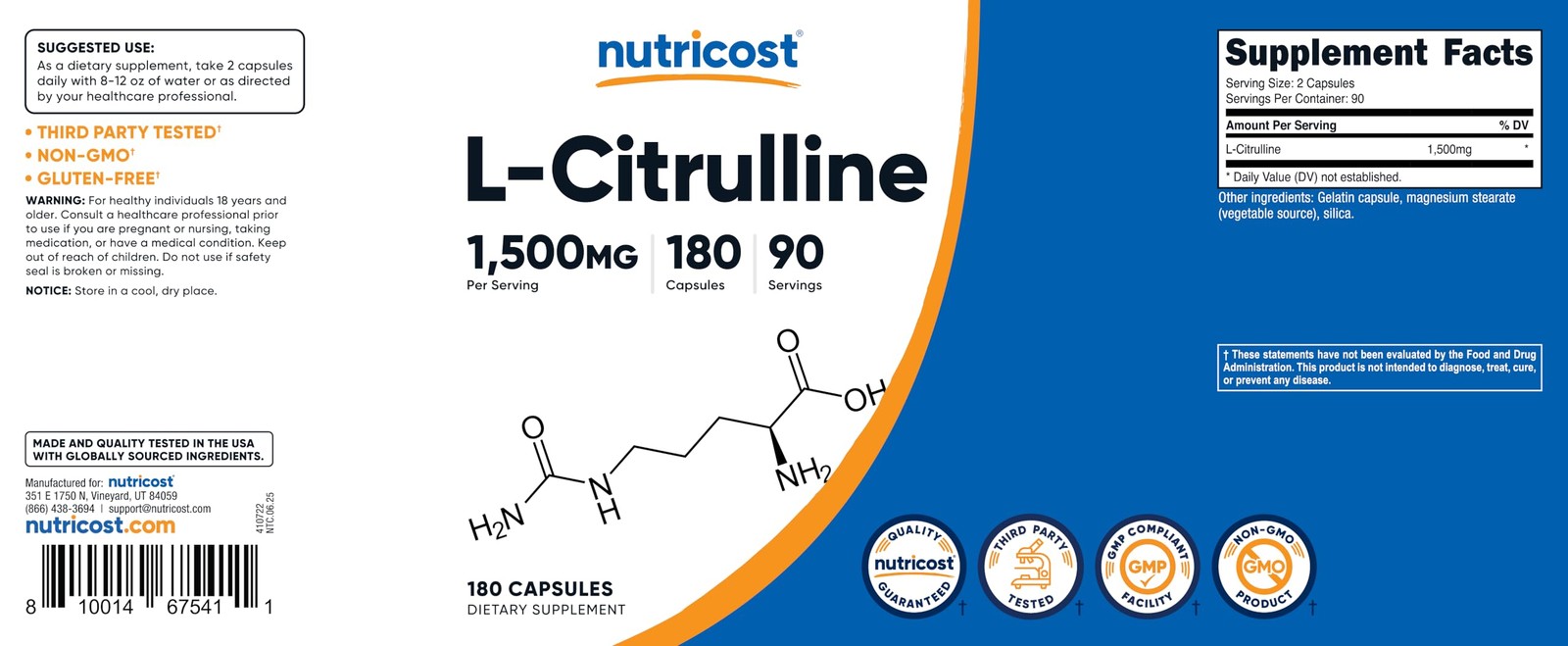 Nutricost L-Citrulline 1500mg, 180 Capsules – 750mg Per 180 Count (Pack of 1)