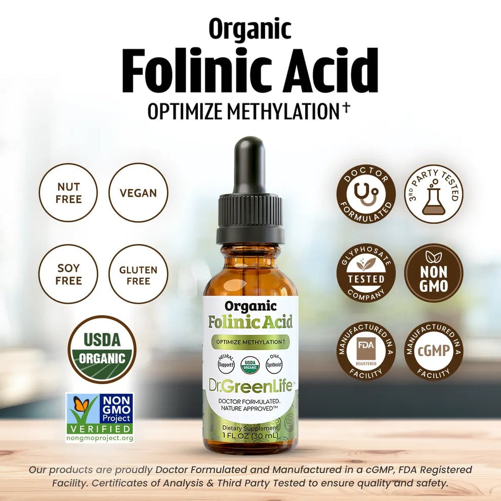 Dr GreenLife USDA Organic Folinic Acid – MTHFR-Friendly Folate 1 FL Oz / 30ml