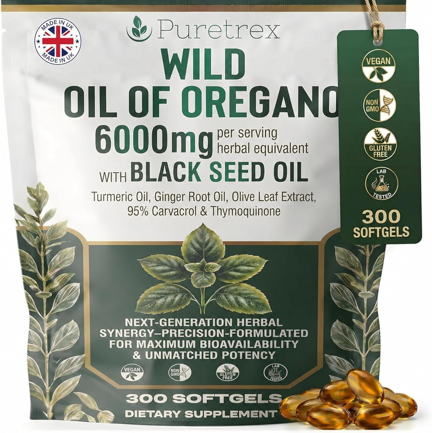 PURETREX Wild Oregano Oil Black Seed Oil 300 Softgels Vegan Supplement