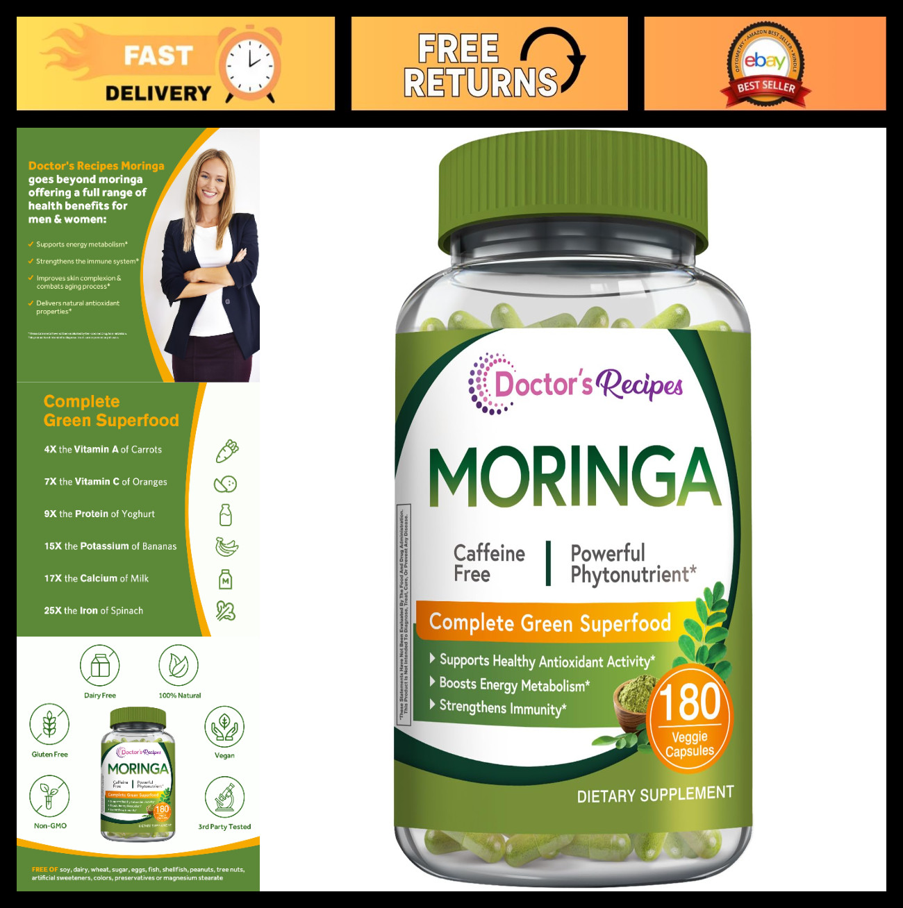 Moringa Oleifera Superfood Capsules – 180 Vegan Caps, Antioxidant Support, Non-G