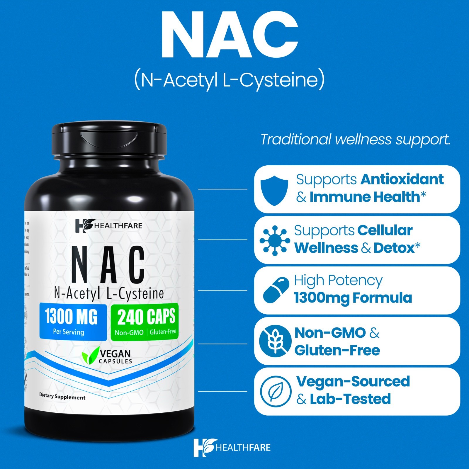 Healthfare N-Acetyl L-Cysteine (NAC) 1300mg | 240 Capsules Max Strength Veg Caps