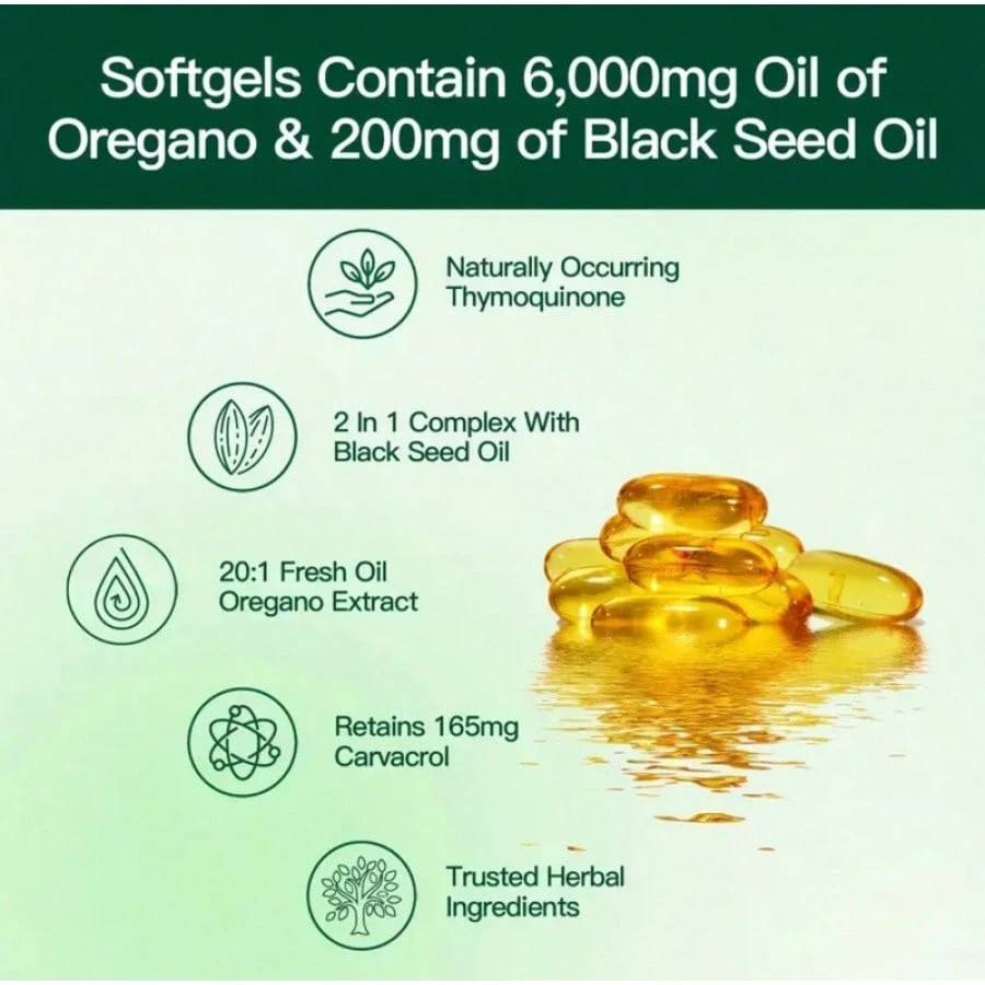 Oregano Oil 6000mg 300 Softgel Capsules with Black Seed Oil Supplement