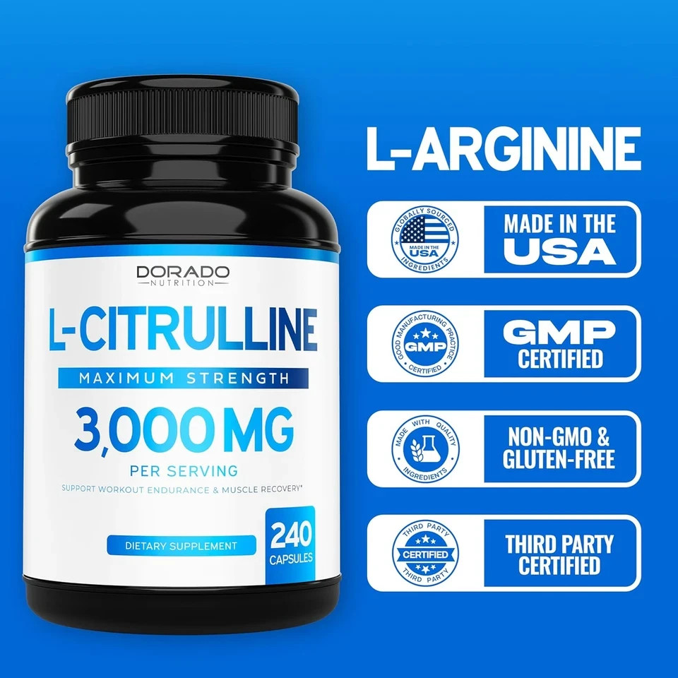 L-Citrulline 3000mg GMP Certified & Non-GMO Free Form Amino 240 Capsules