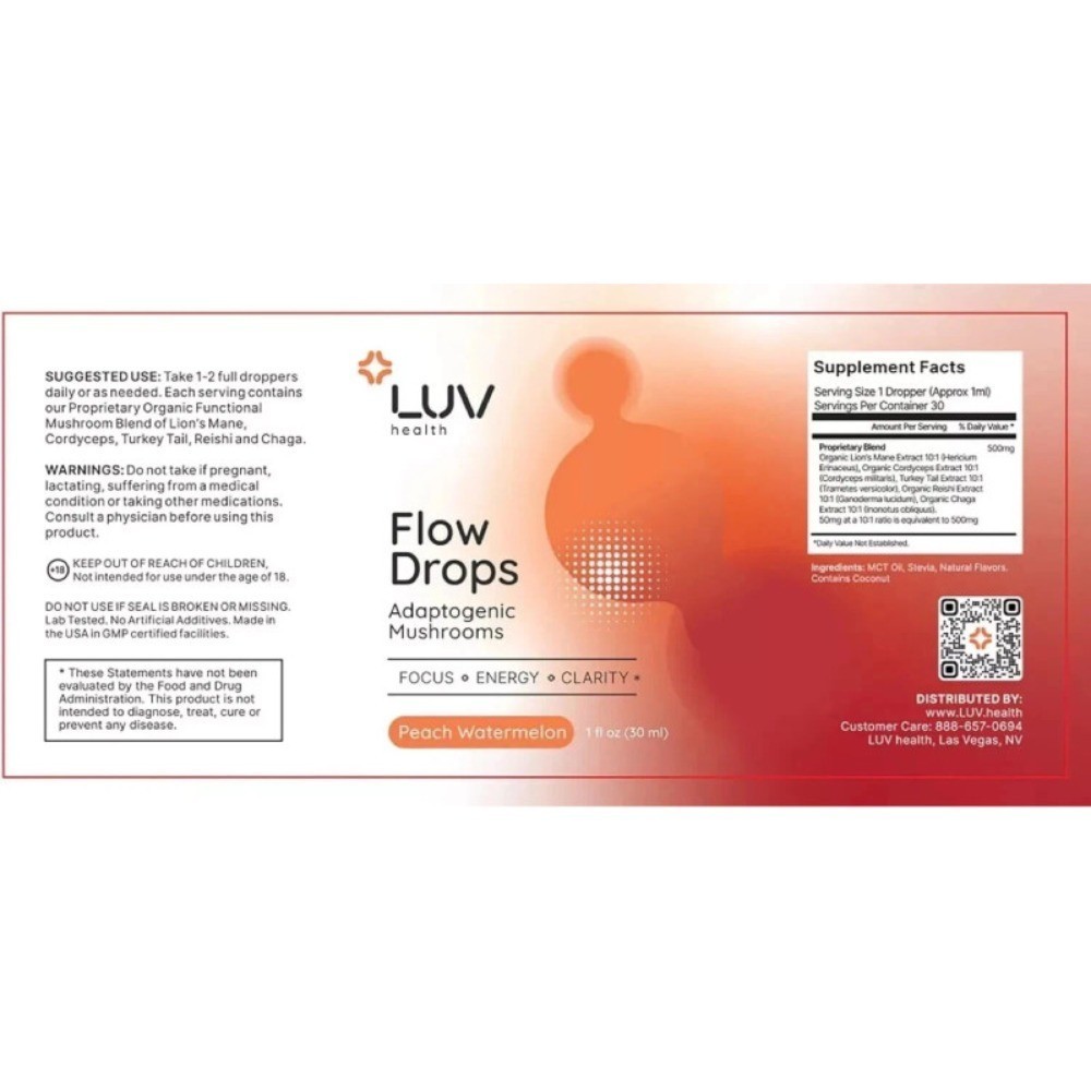 1-5X LUV Health Flow Drops-Adaptogen Mushroom Blend-Peach Watermelon Flavor-1oz~
