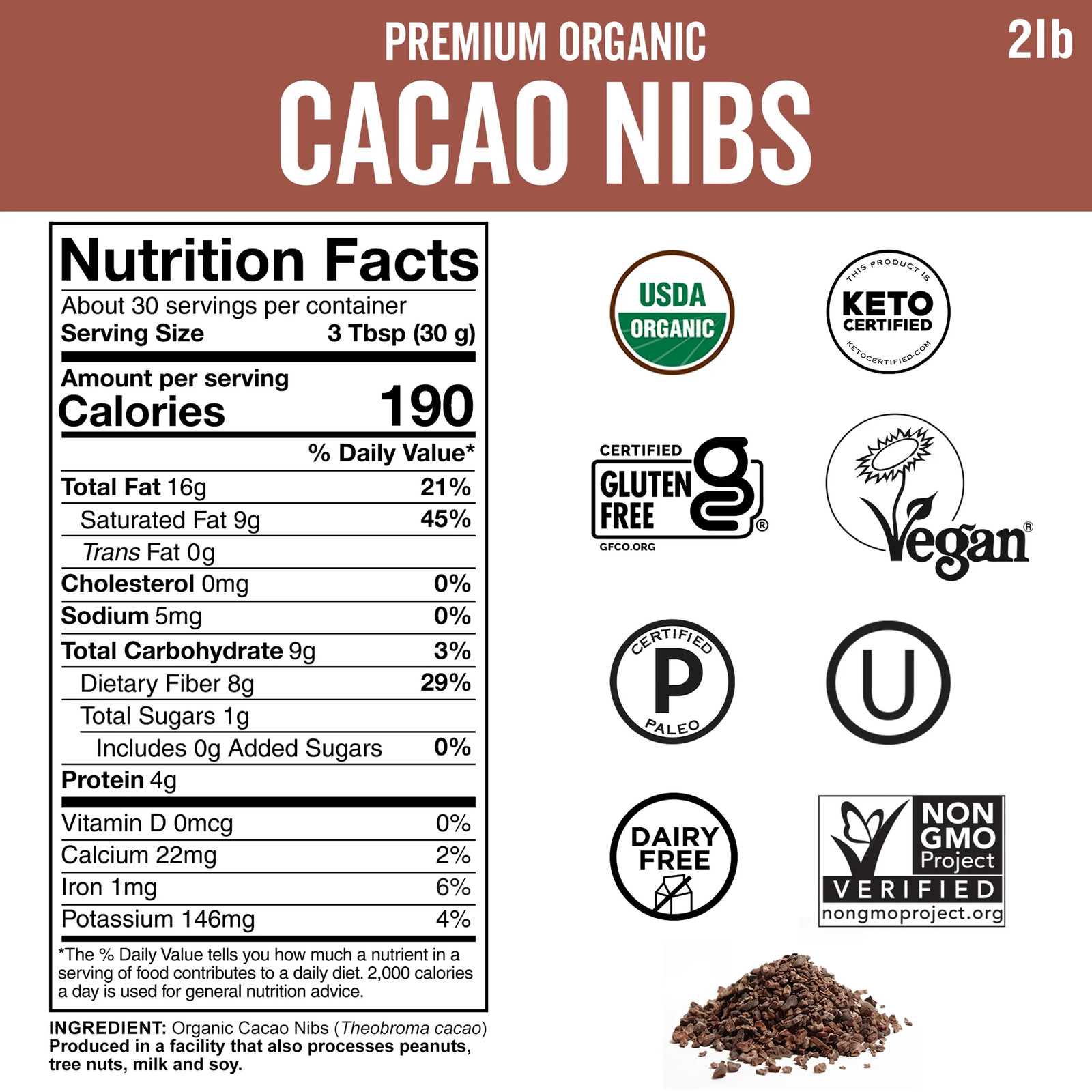 Organic Cacao Nibs 2 Lb (907 G), Keto Friendly, Vegan, Unsweetened