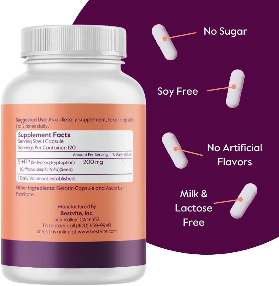 Bestvite 5-HTP 200mg (120 Capsules) – No Stearates- Gluten Free – Non GMO