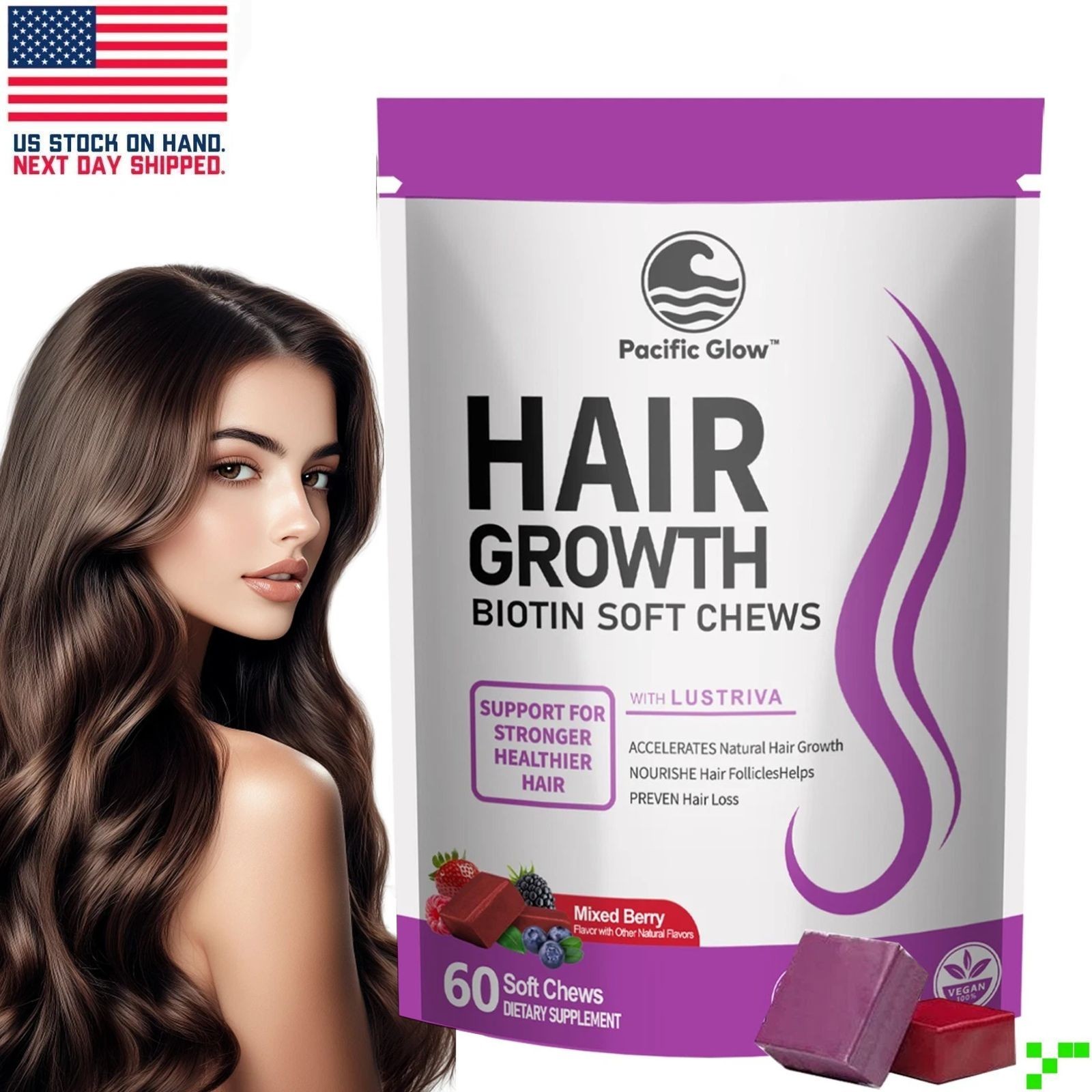 PACIFIC GLOW Hair Growth Biotin Mixed Berry Soft Chews Vitamins Women w Lustriva