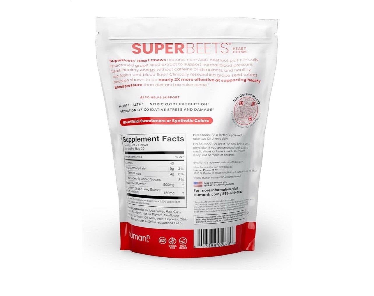 HumanN SuperBeets Heart Chews, Nitric Oxide and Blood Pressure Support- 60 count