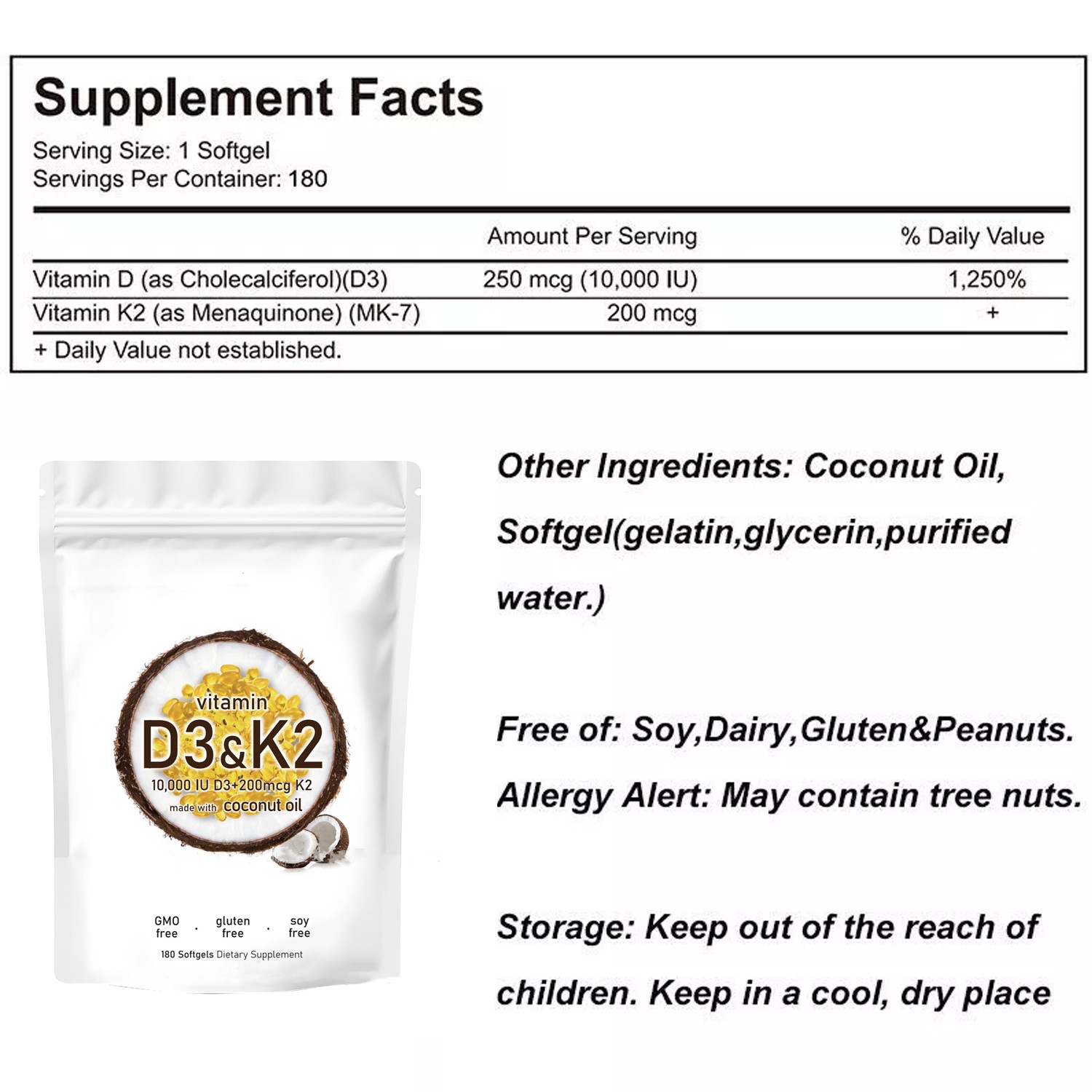 1 in 2 Vitamin D3 K2 Supplement Softgels 180 capsules 10000 IU VIT D3+K2 200 MCG