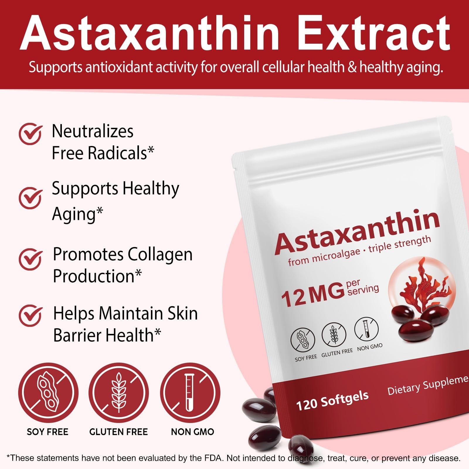Astaxanthin 12mg Softgels – 120 Count, 4 Month Supply, Antioxidant for Eye, Join