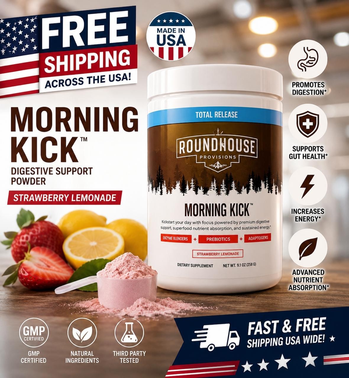 ROUNDHOUSE MORNING KICK-DIGESTIVE POWDER-STRAWBERRY LEMONADE, 9.1oz Chuck Norris