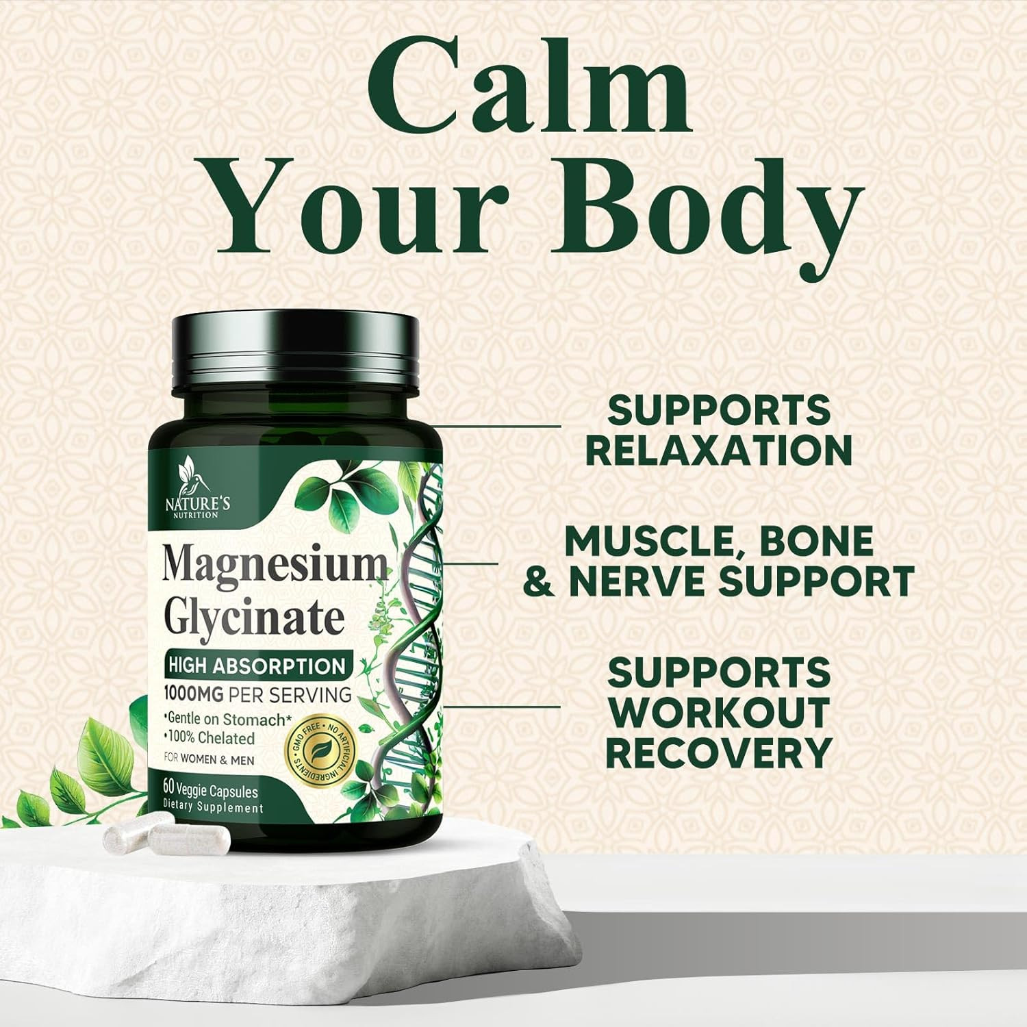 Magnesium Glycinate 1000mg – Chelated for 60 Count (Pack of 1)