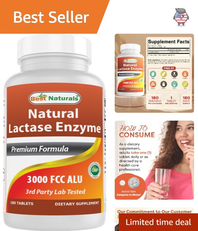 Fast Acting Lactase Enzyme Tablets, 3000 Alu – 180 Count for Lactose Relief